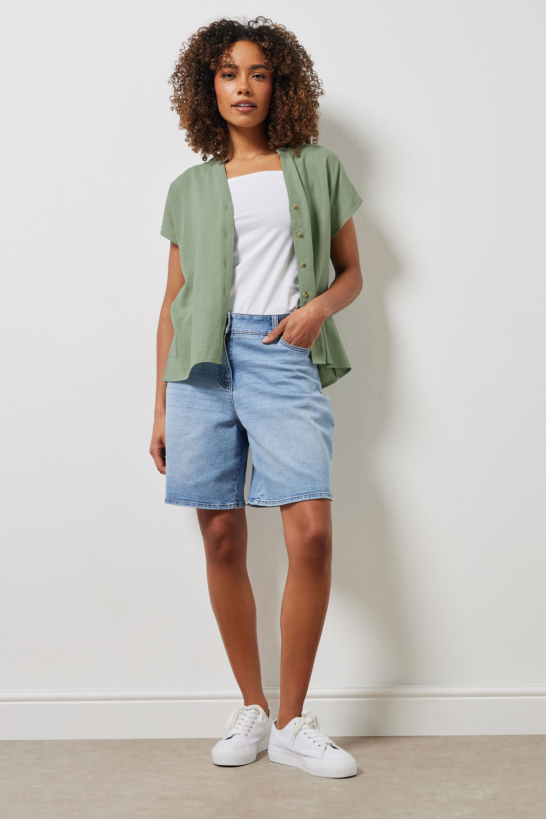 M&Co Sage Green Button Through Linen Blouse | M&Co 1