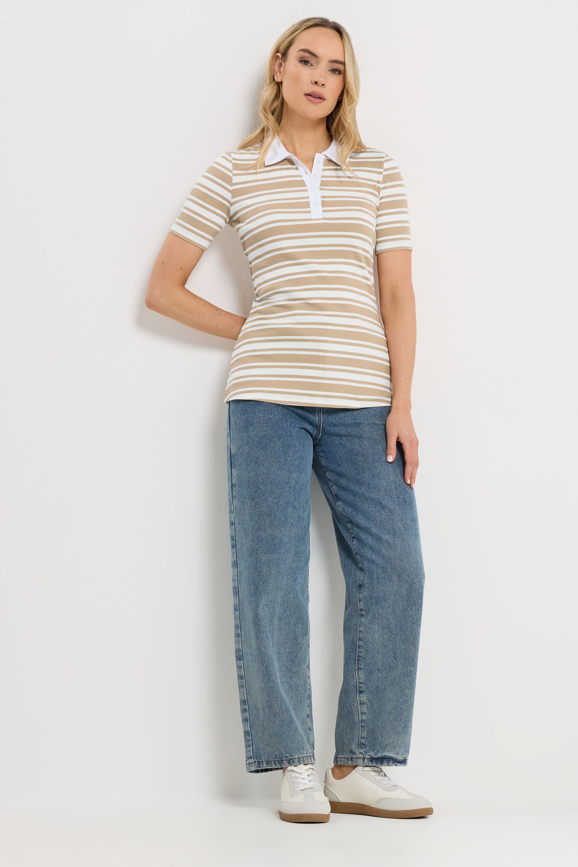 LTS Tall Women's Natural Brown & White Stripe Polo Top | Long Tall Sally 2