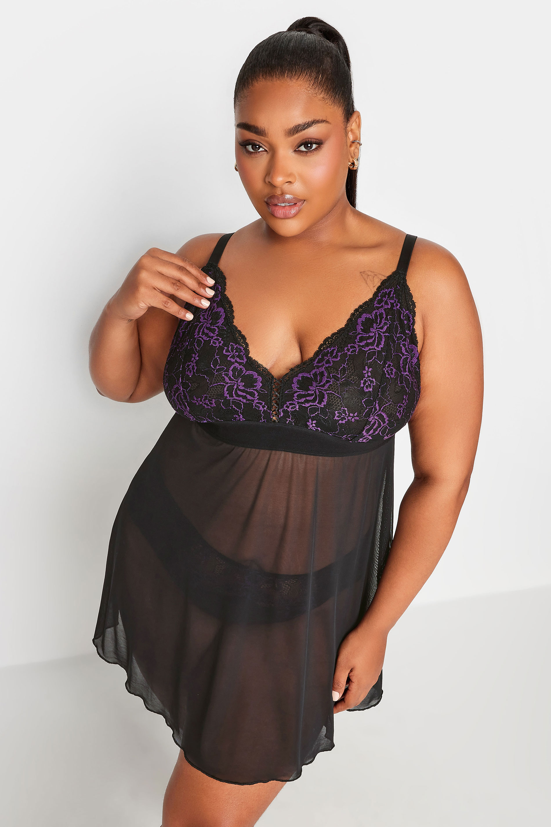 YOURS Plus Size Black Mesh Lace Detail Non-padded Babydoll | Yours
