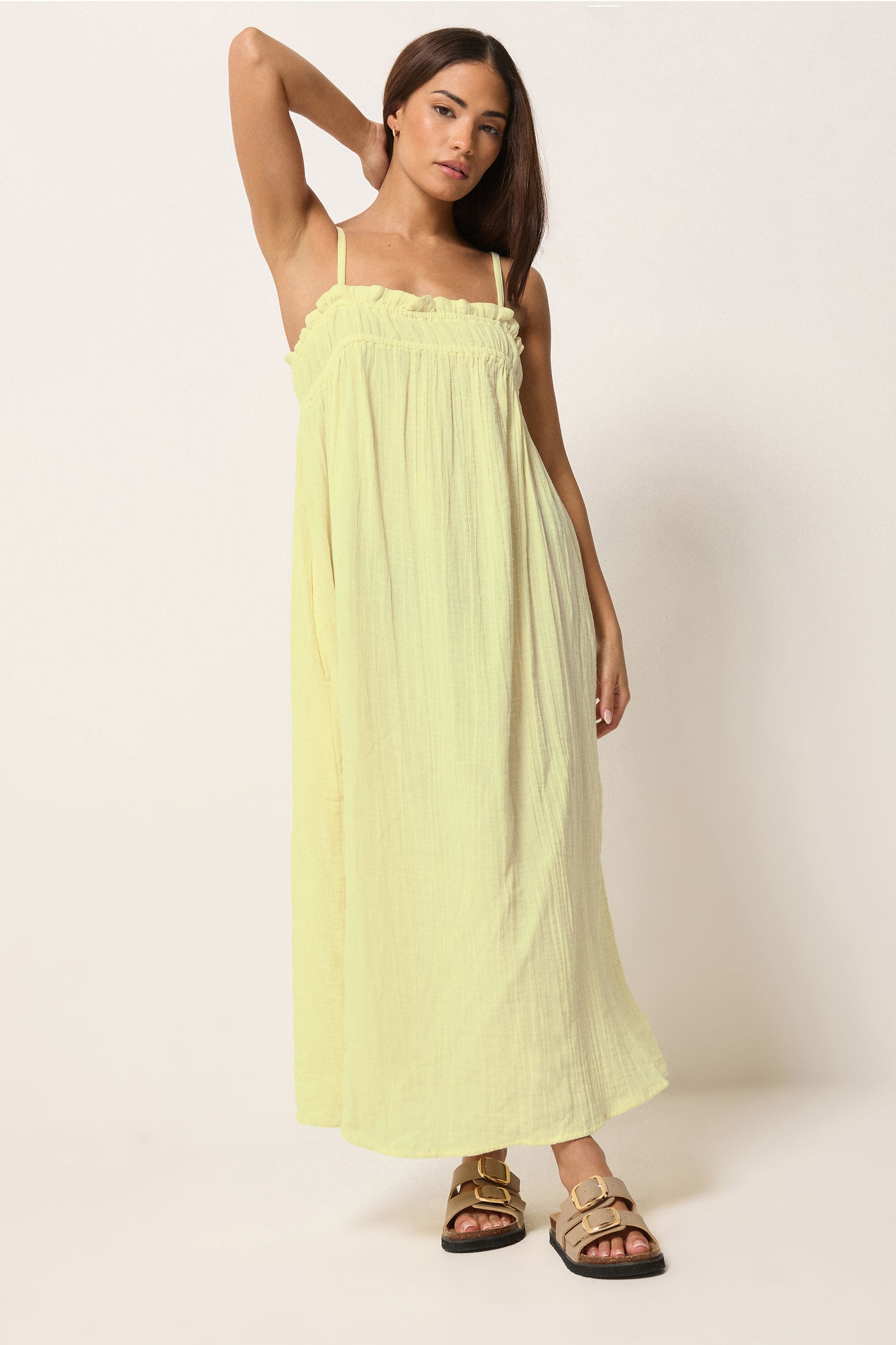 PixieGirl Petite Women's Yellow Cotton Cheesecloth Maxi Dress | PixieGirl 5