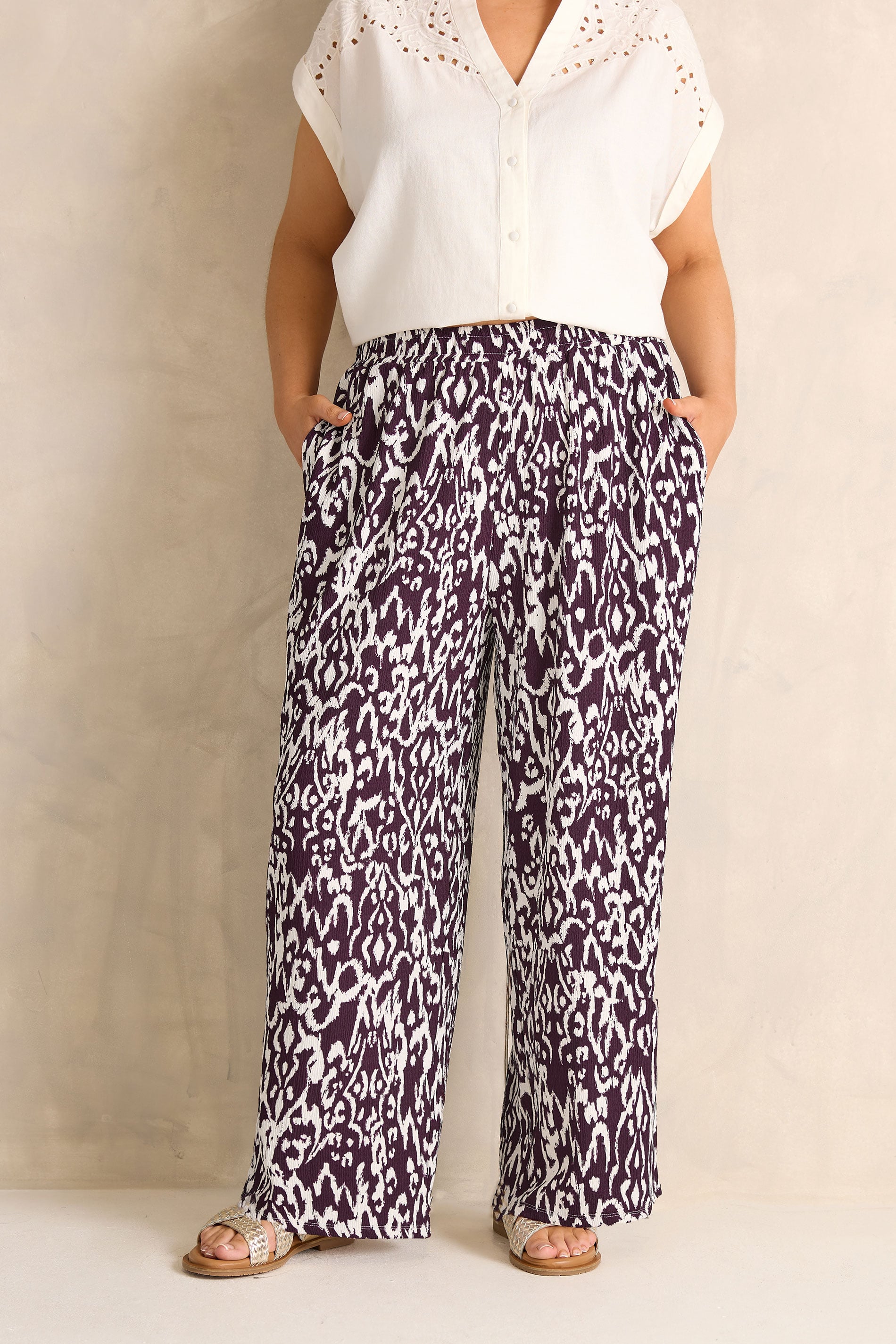 EVANS Plus Size Berry Red Ikat Print Shirred Waist Trousers | Evans 3