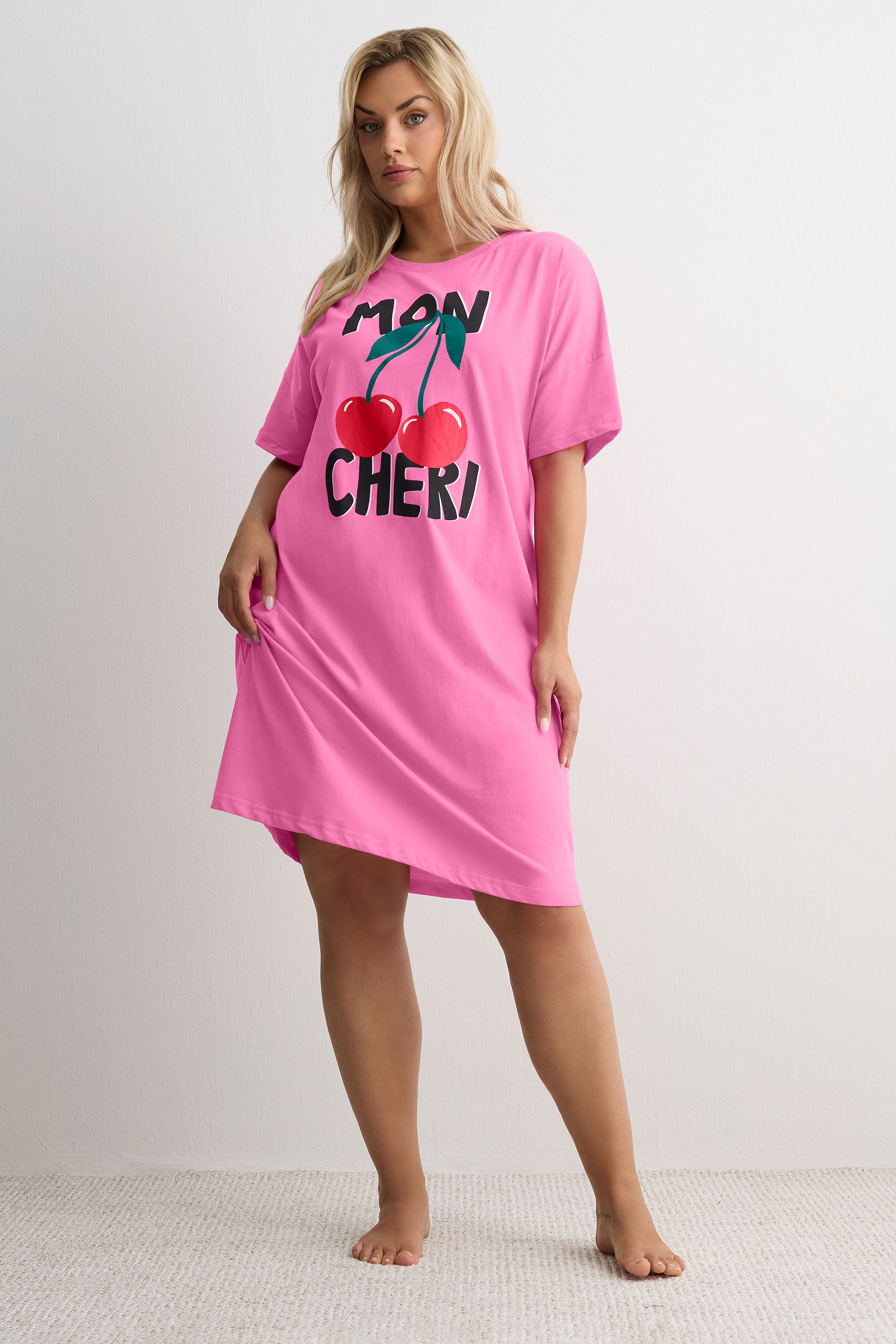 YOURS Plus Size Pink 'Mon Cheri' Sleep Tee Nightdress | Yours Clothing 1