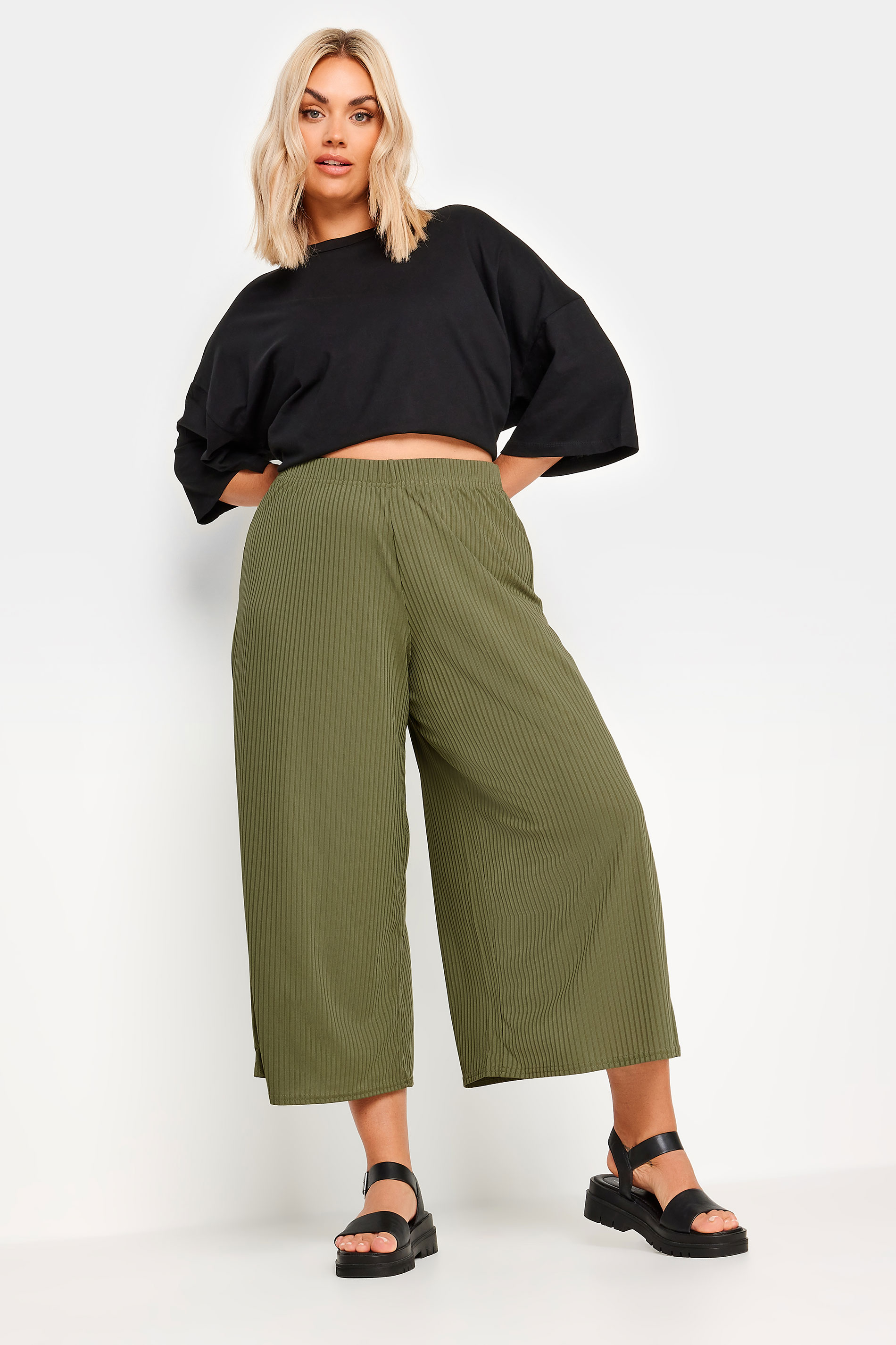 LIMITED COLLECTION Plus Size Khaki Green Ribbed Culottes | Yours Clothing 2