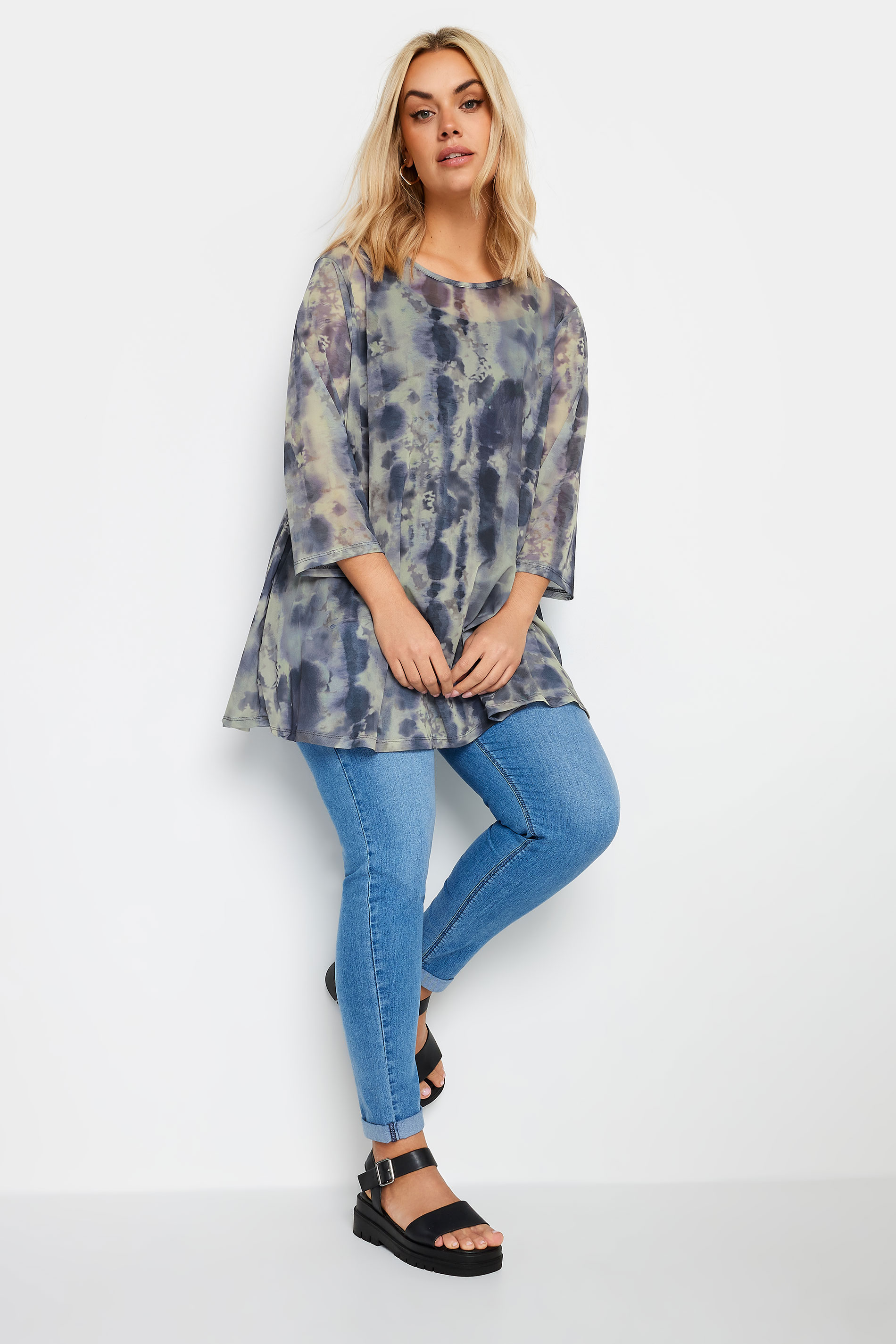 YOURS Plus Size Blue Abstract Print Mesh Layered Top | Yours Clothing 2