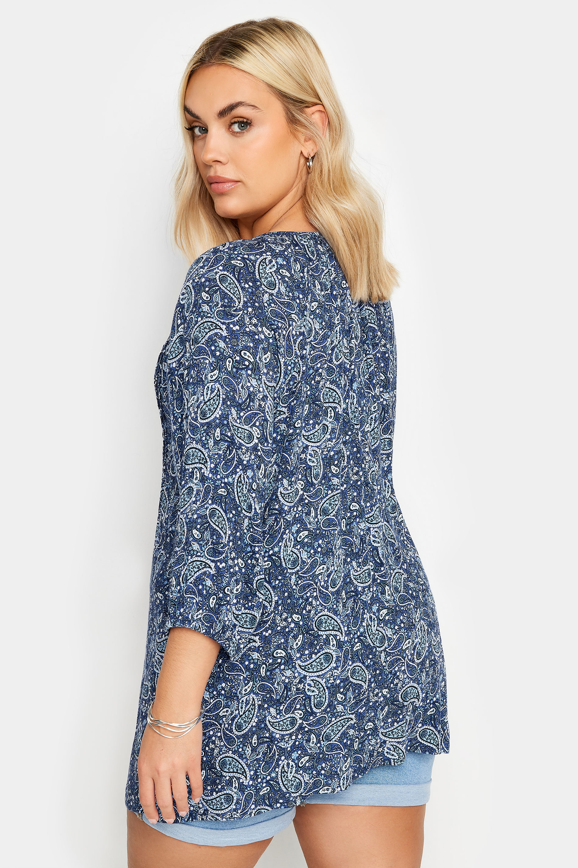 YOURS Plus Size Navy Blue Paisley Print Tie Neck Blouse | Yours Clothing 3