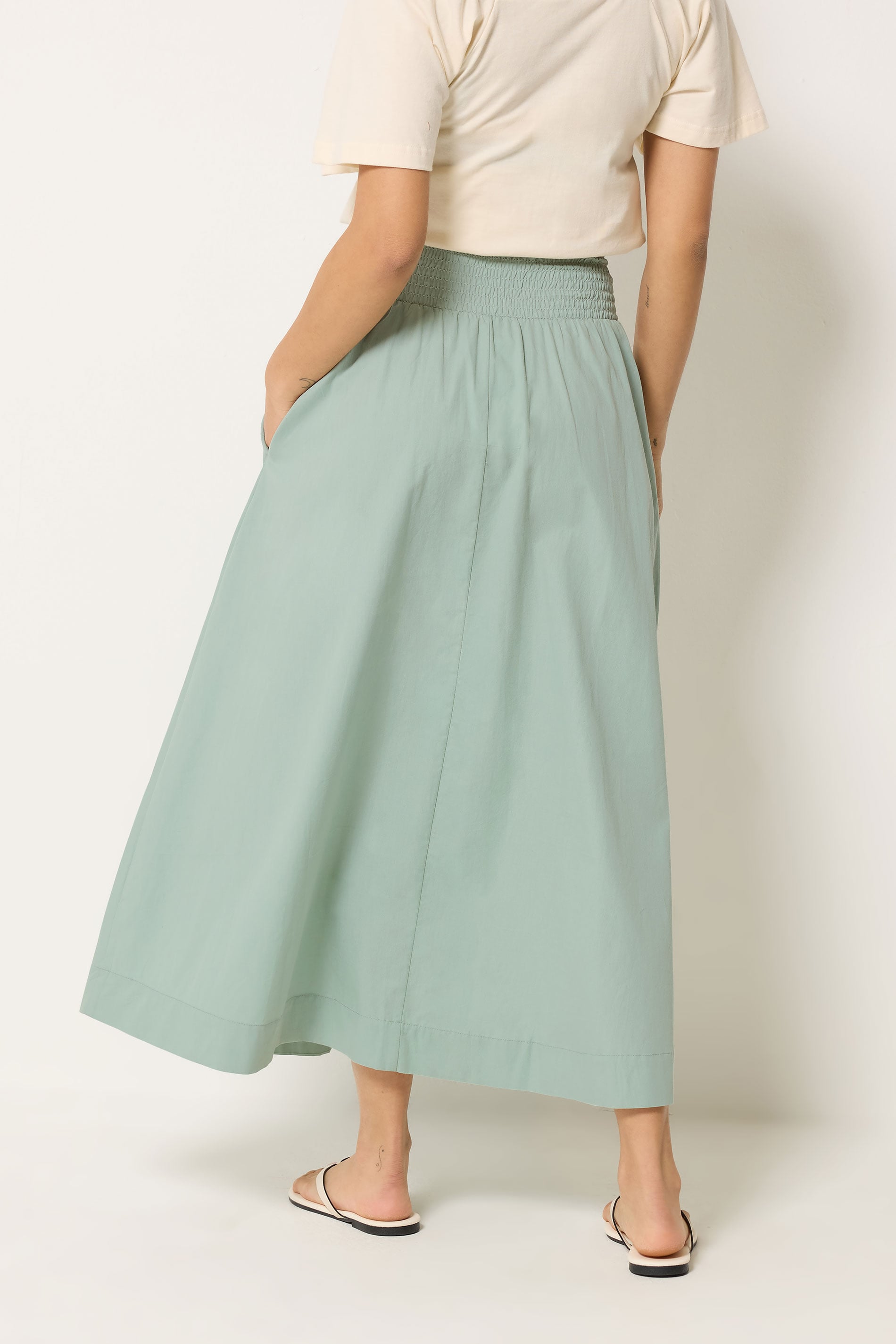 PixieGirl Petite Women's Sage Green Poplin Shirred Cotton Maxi Skirt | PixieGirl 2