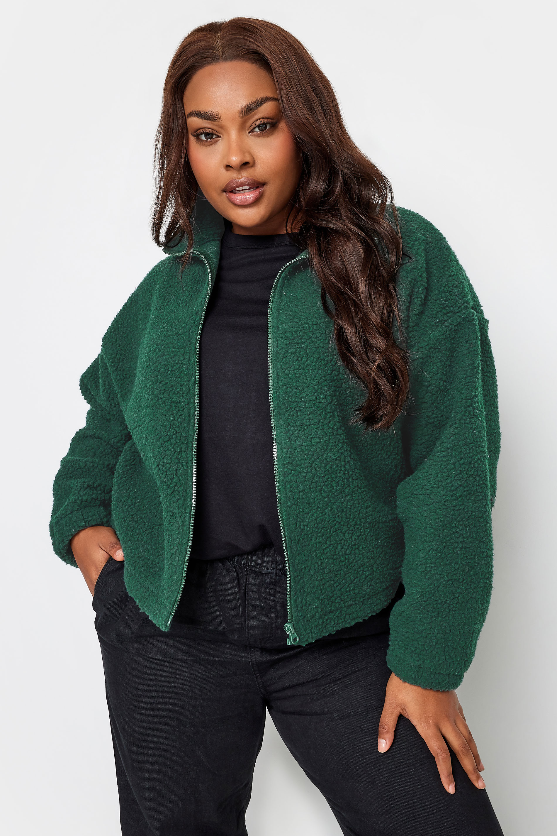 YOURS Plus Size Forest Green Cropped Zip Through Teddy Fleece | Yours Clothing 3