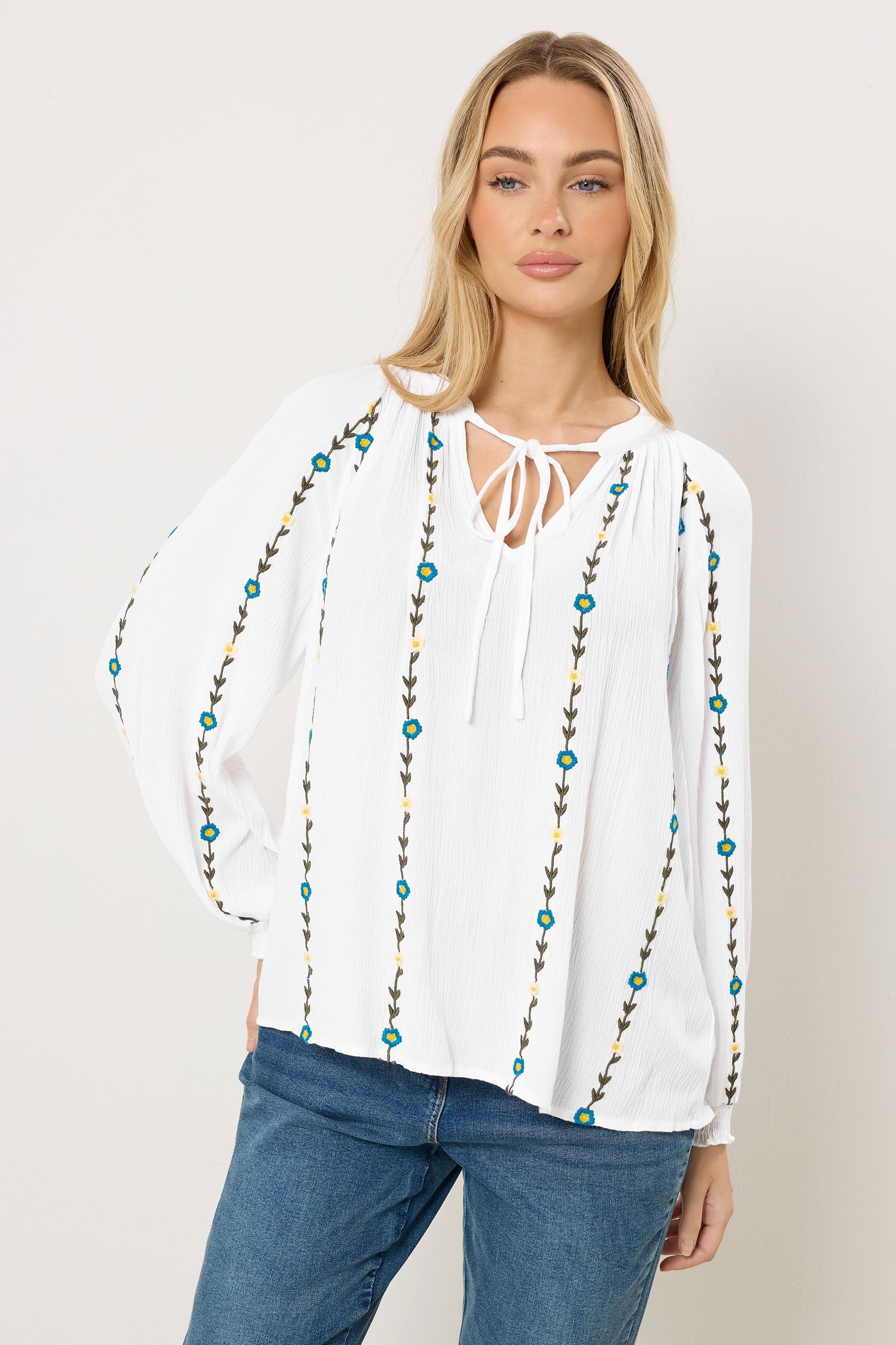 M&Co Ivory White Floral Embroidered Tie Neck Blouse | M&Co 1