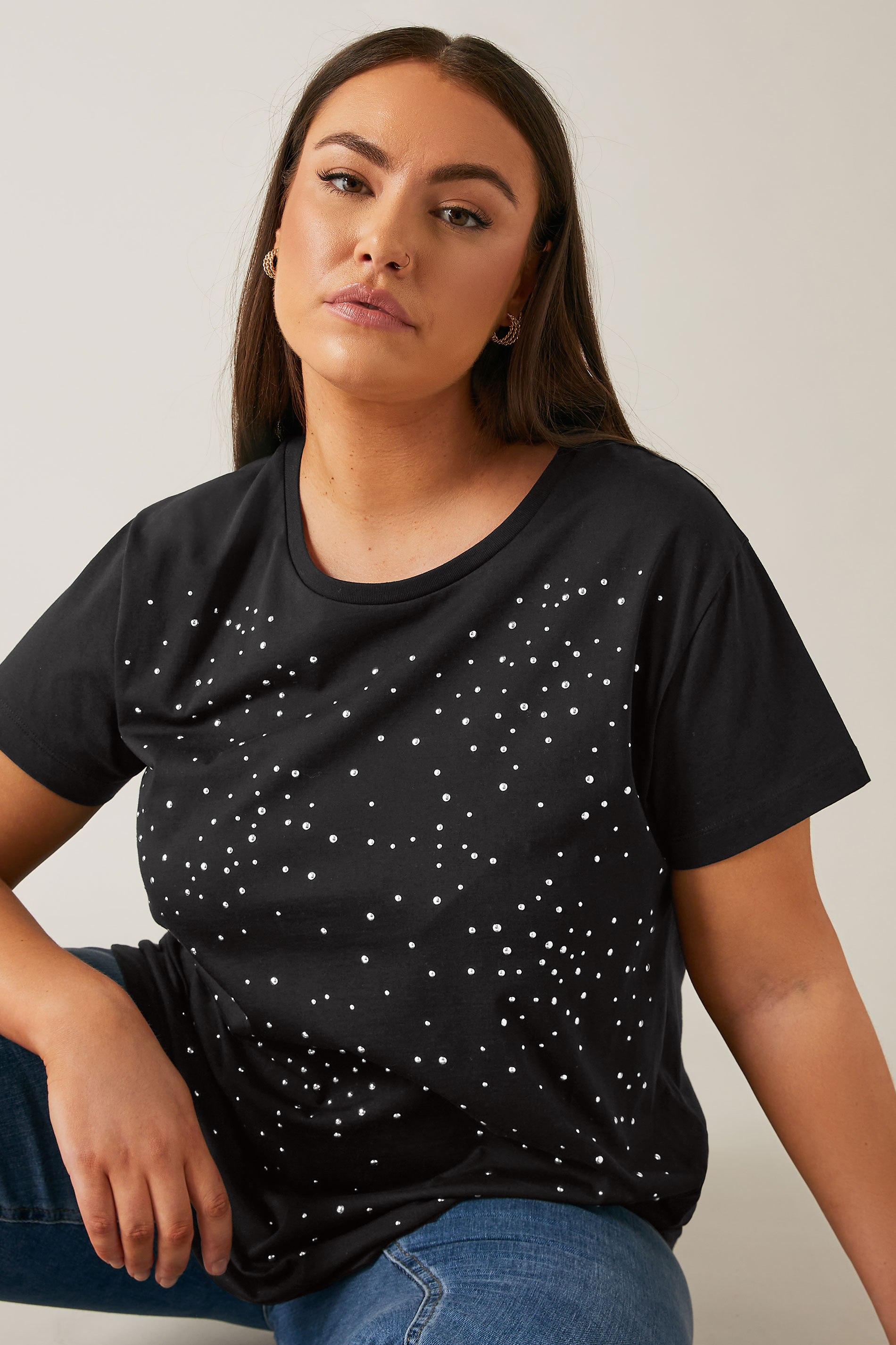 EVANS Plus Size Black Stud Embellished Pure Cotton T-Shirt | Evans  3