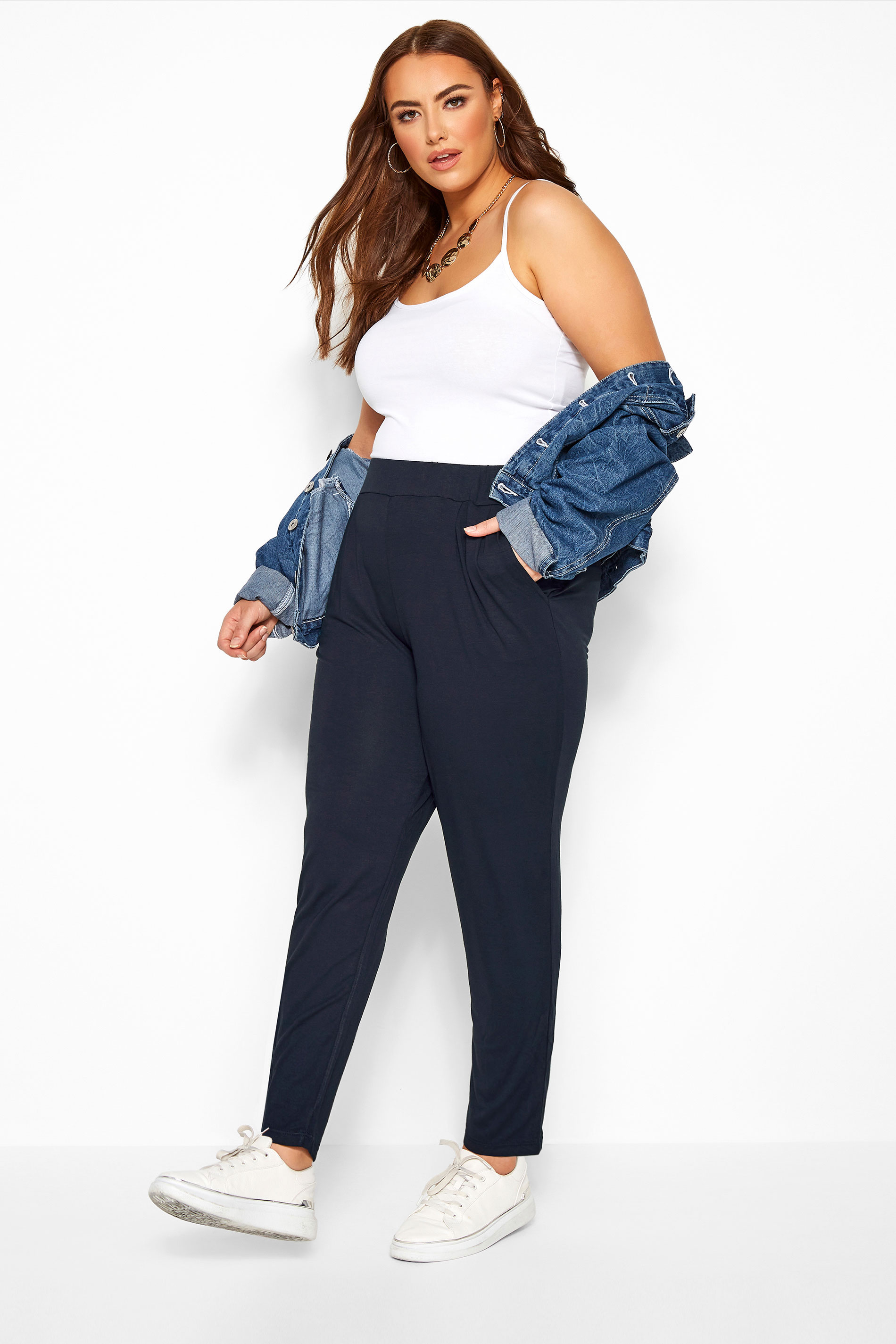 Navy Blue Double Pleat Stretch Jersey Joggers | Yours Clothing 2