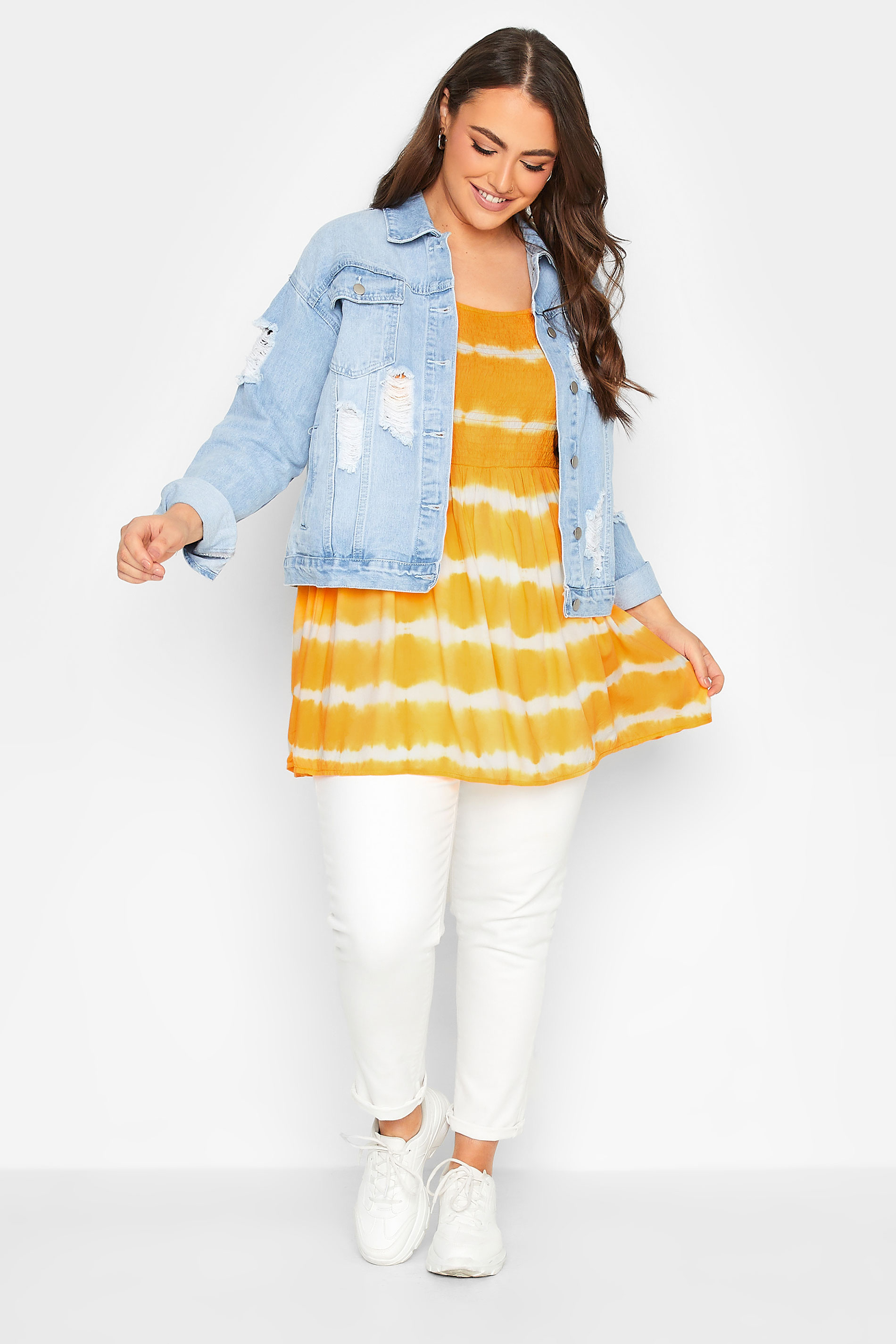 Plus Size Yellow Tie Dye Shirred Peplum Vest Top | Yours Clothing 2