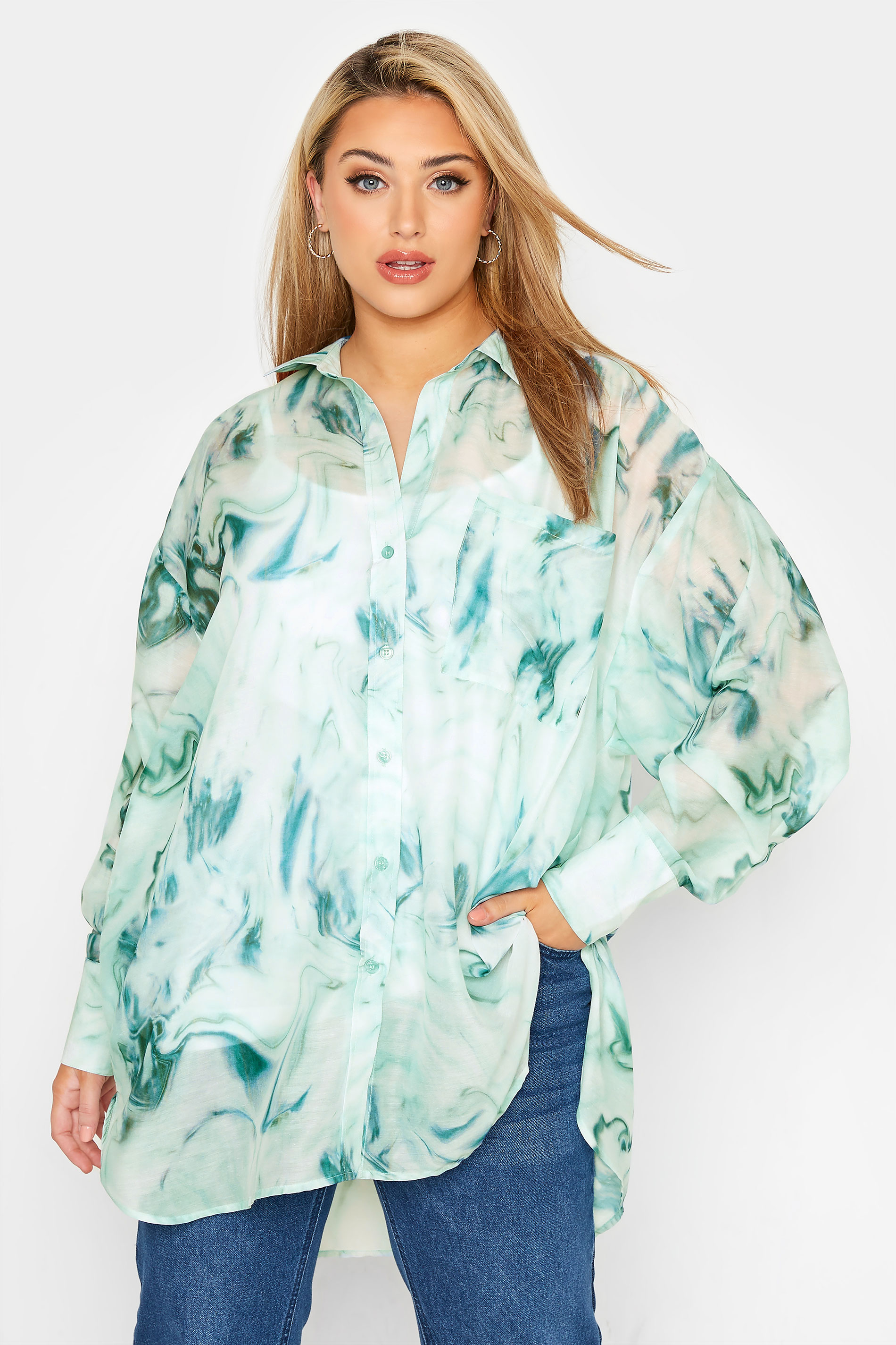 LIMITED COLLECTION Curve Blue & Green Marble Print Oversized Shirt_A.jpg