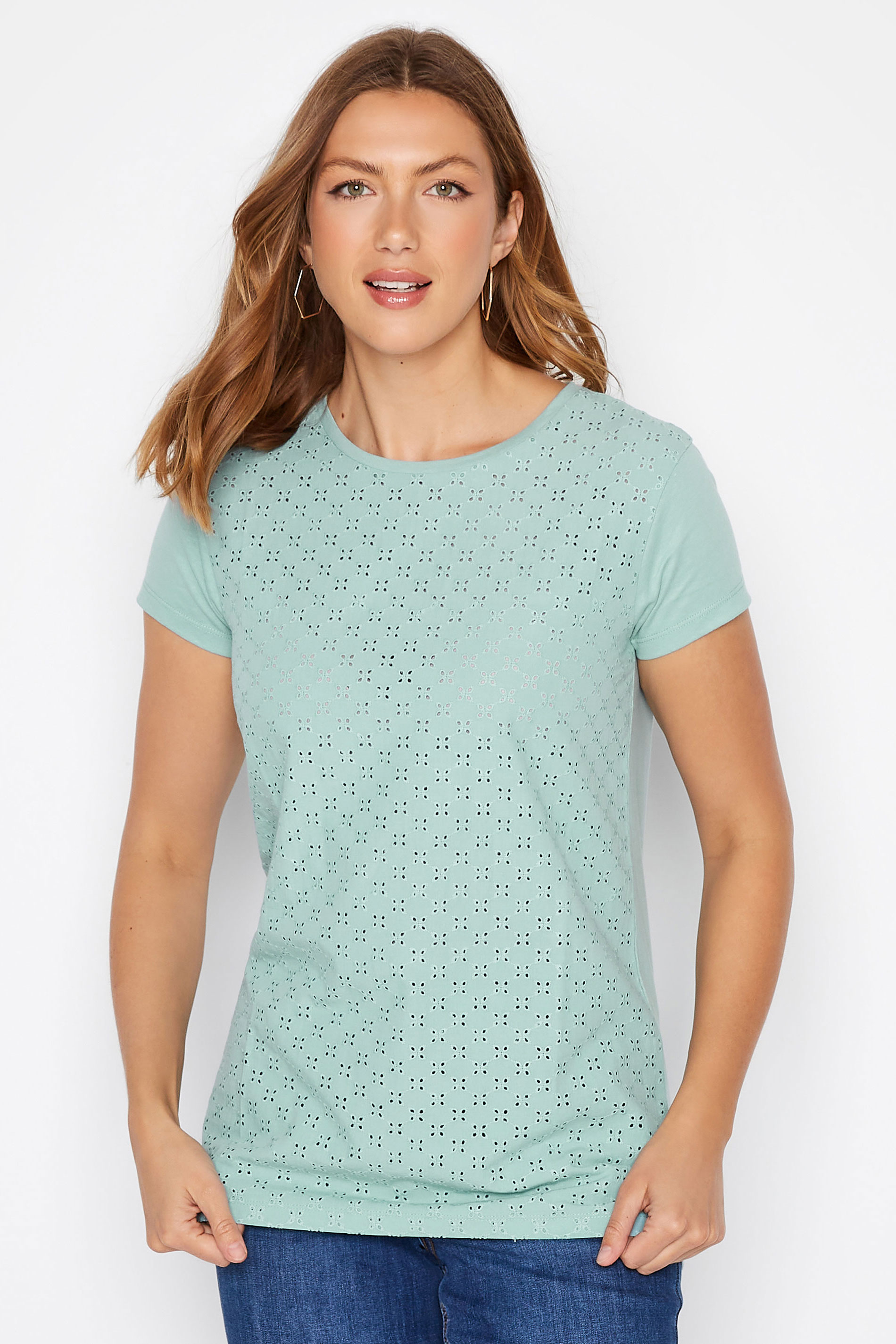 LTS Tall Women's Sage Green Broderie Anglaise Cotton T-Shirt | Yours Clothing 1