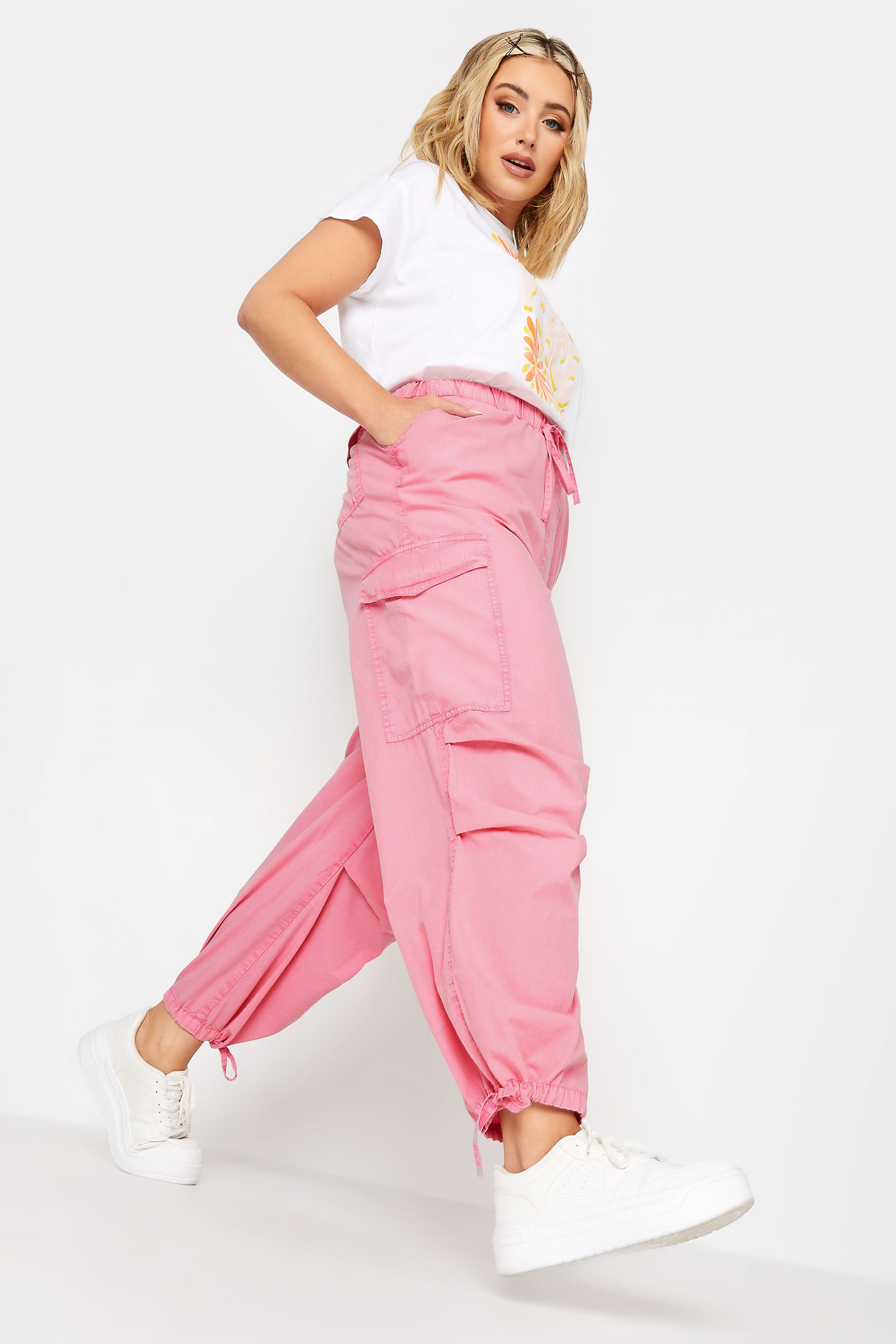 LIMITED COLLECTION Plus Size Pink Acid Wash Cargo Trousers | Yours Clothing 1