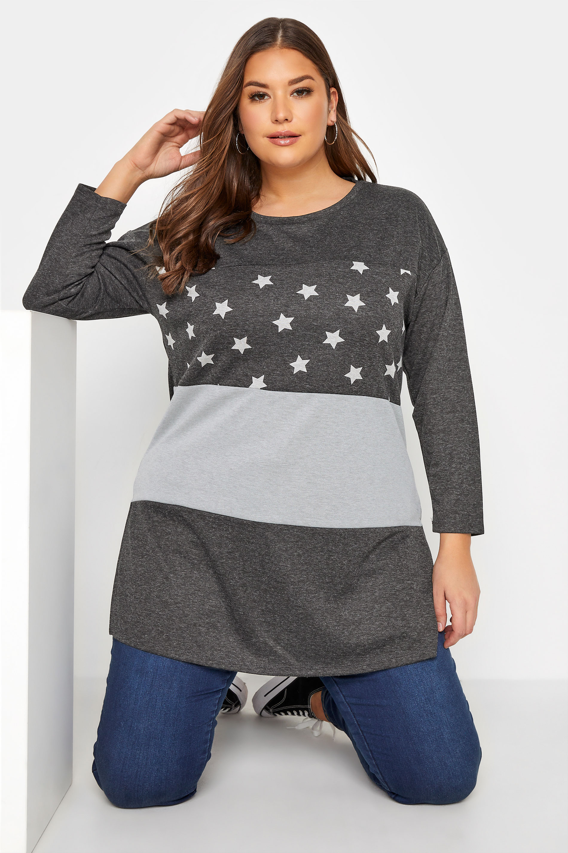 Plus Size Grey Colour Block Star Print Top | Yours Clothing 1
