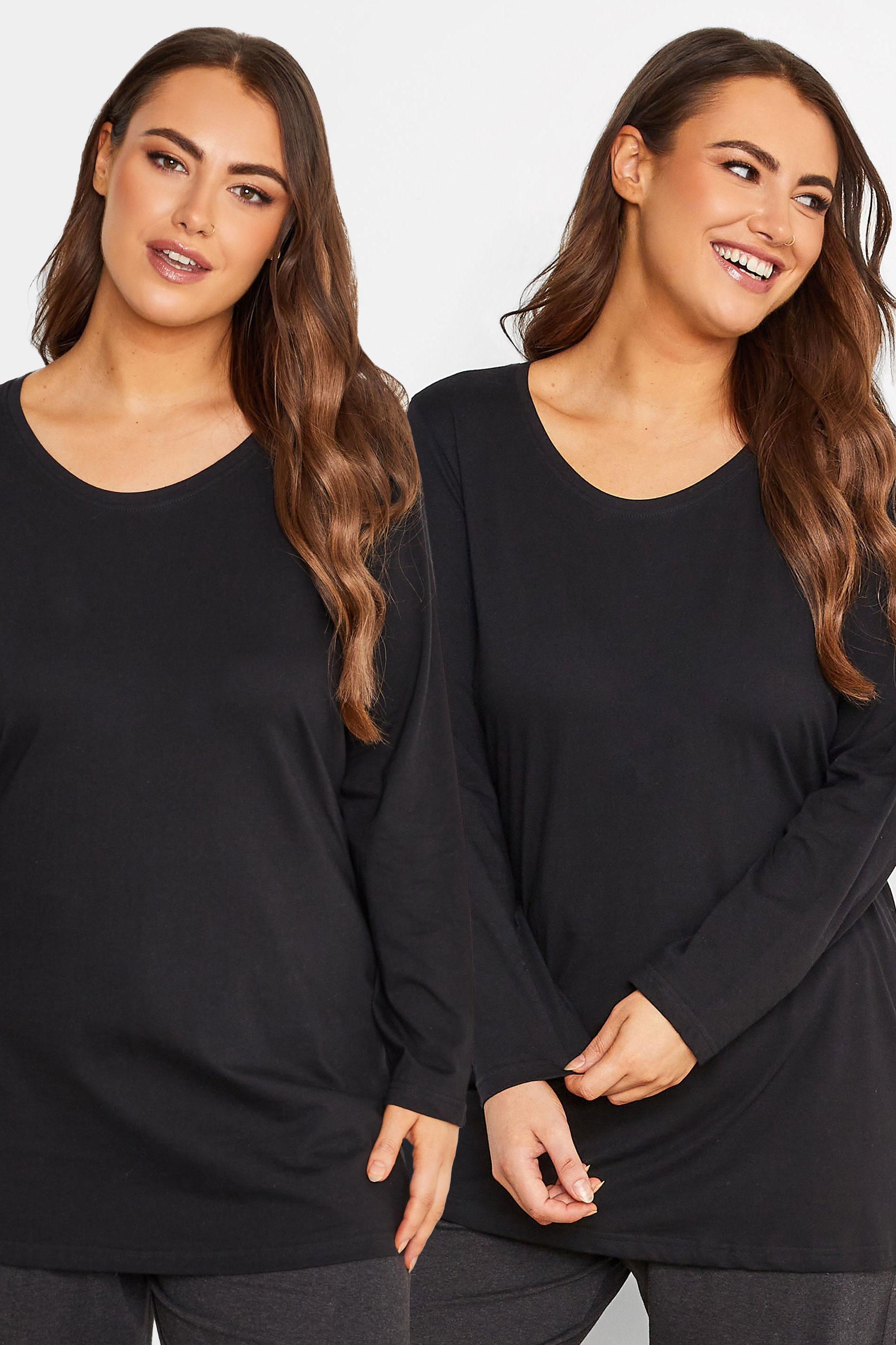 2 PACK Curve Black Long Sleeve Pyjama Tops | Yours Clothing 1
