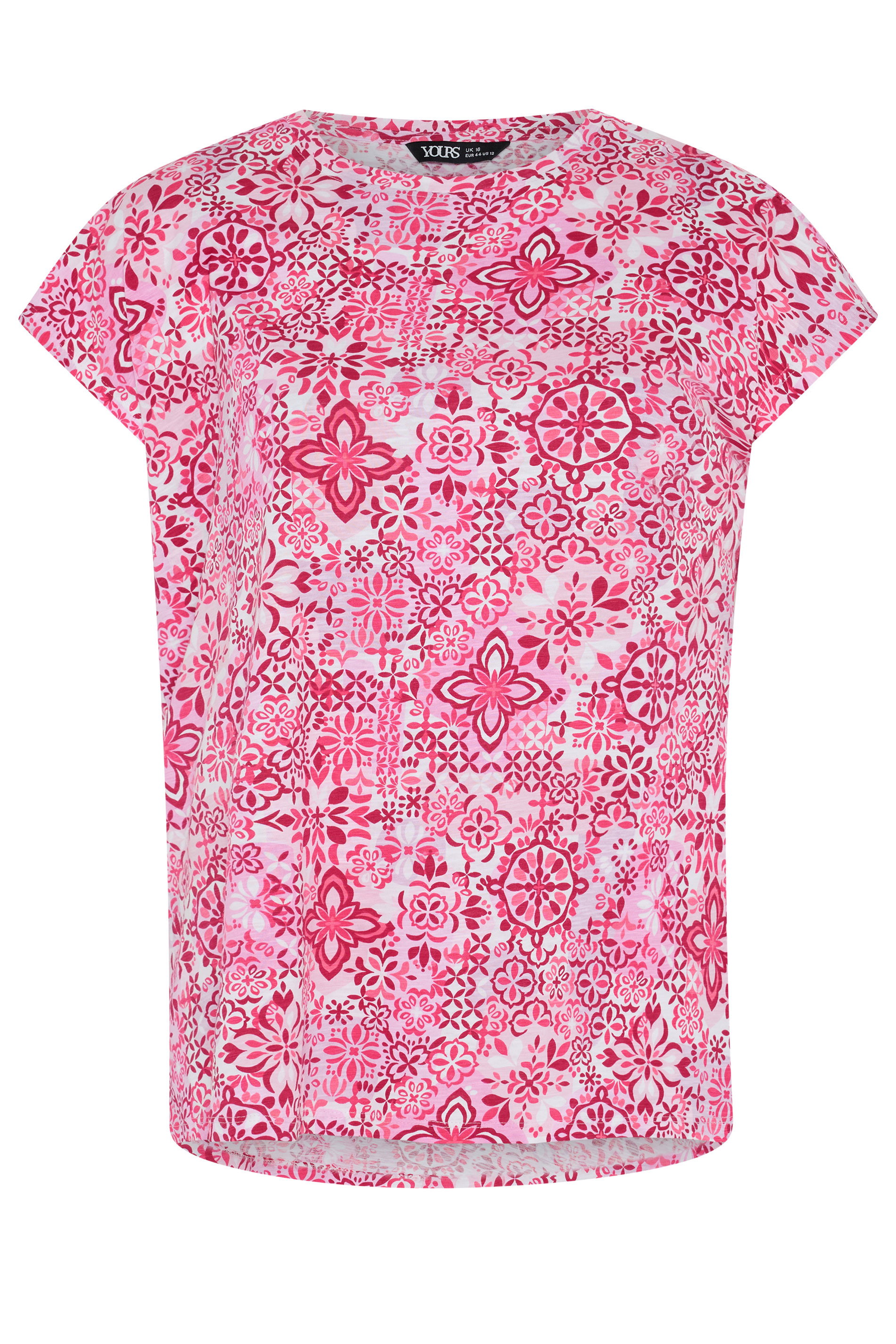 YOURS Plus Size Pink Tile Print Grown On Sleeve T-Shirt | Yours Clothing 5