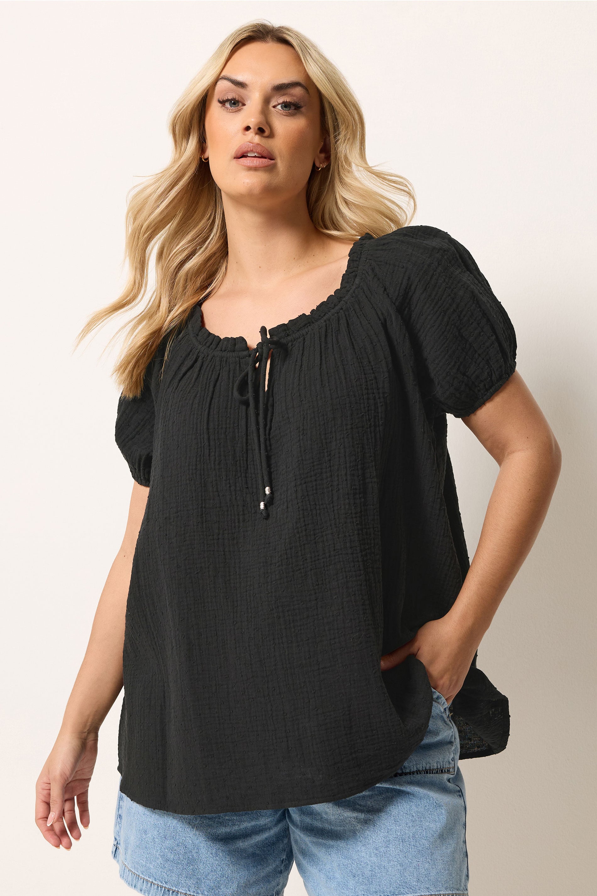 YOURS Plus Size Black Dobby Bardot Cheescloth Top | Yours Clothing 3