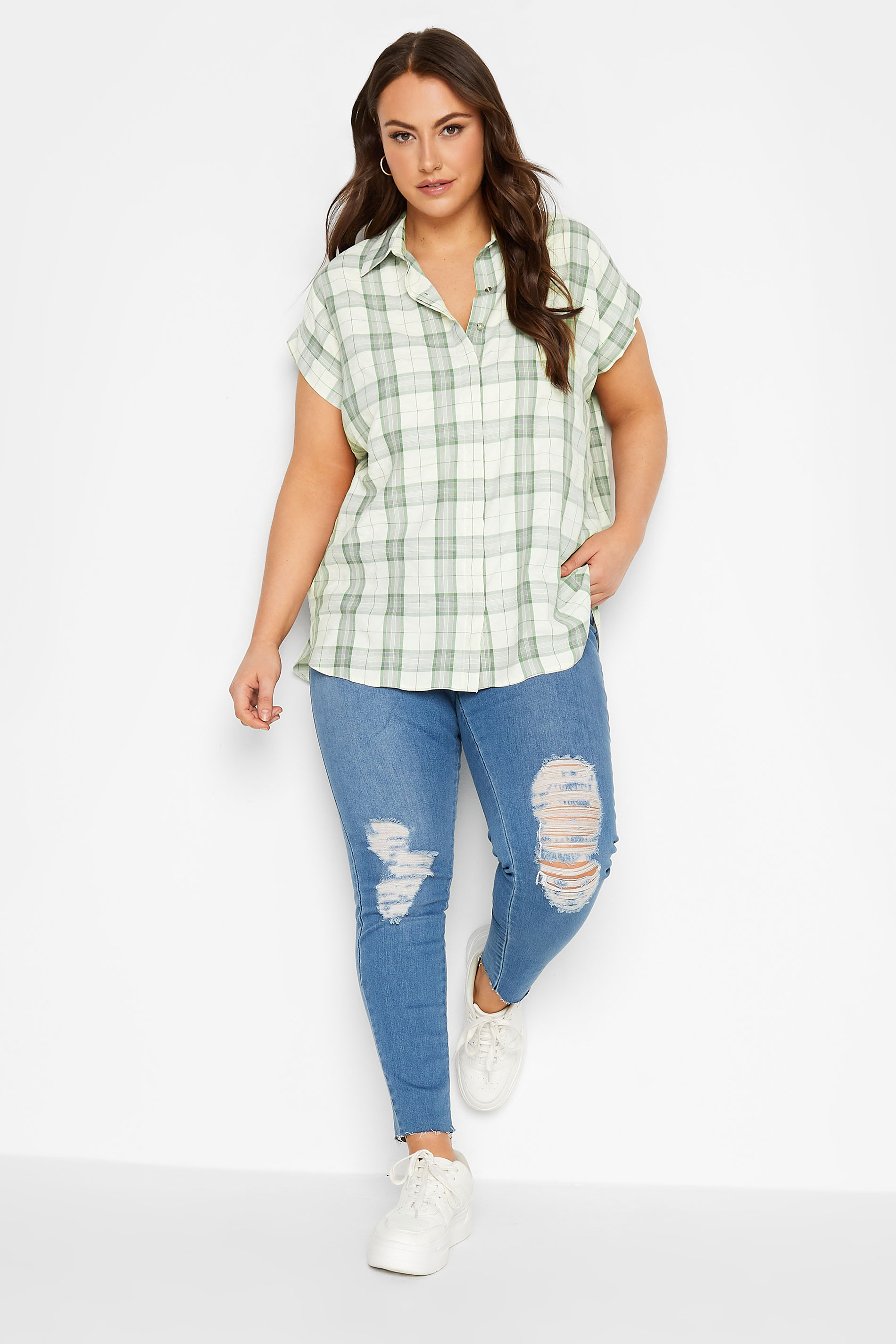 YOURS Plus Size Sage Green Check Print Collared Shirt | Yours Clothing 2