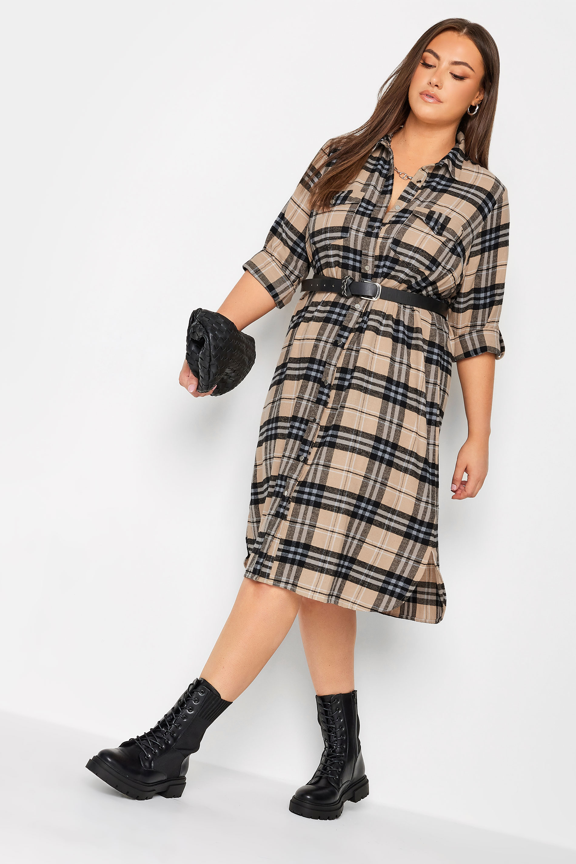 YOURS Plus Size Beige Brown Check Print Longline Shirt | Yours Clothing 3