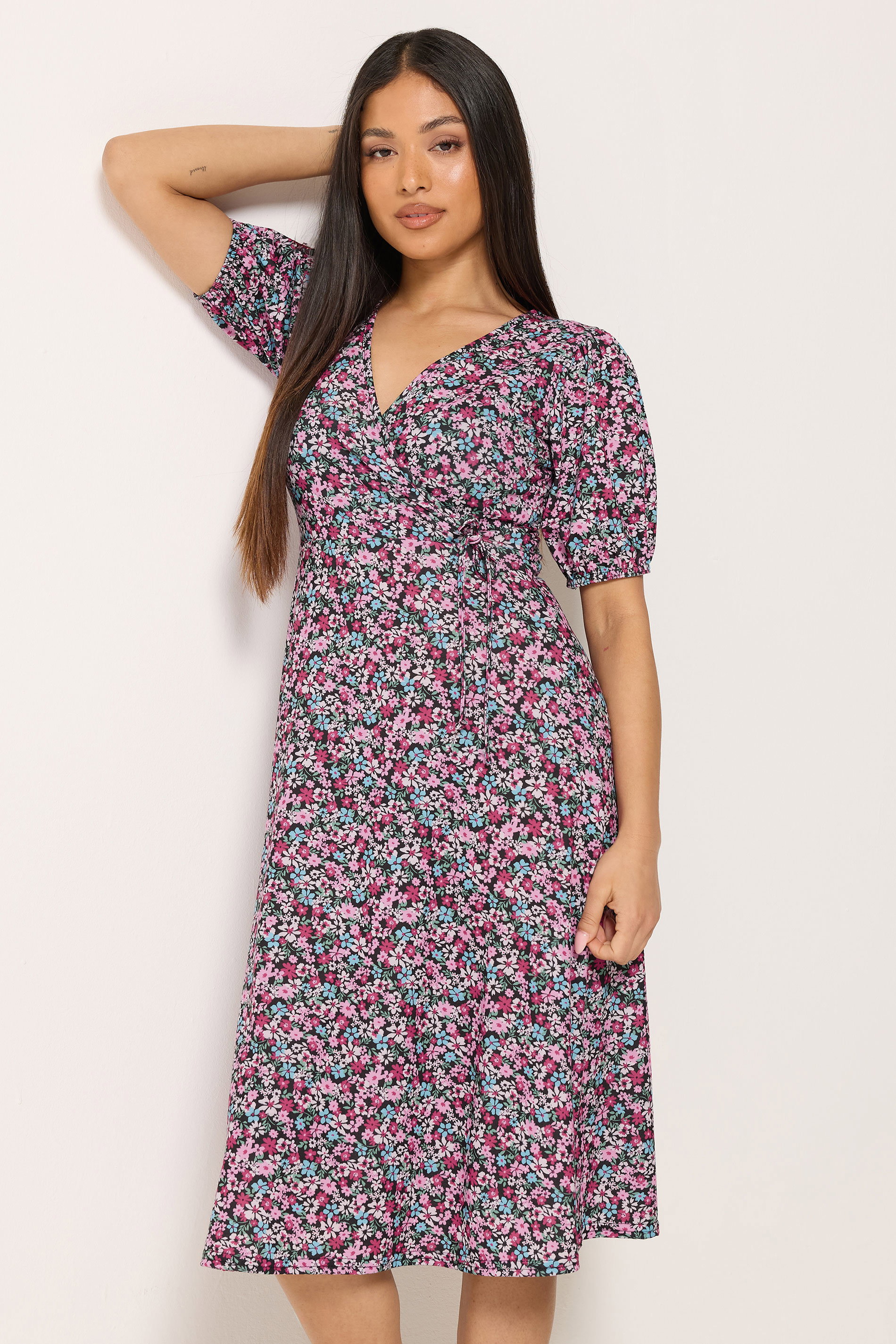 M&Co Petite Pink Ditsy Floral Wrap Dress | M&Co 3
