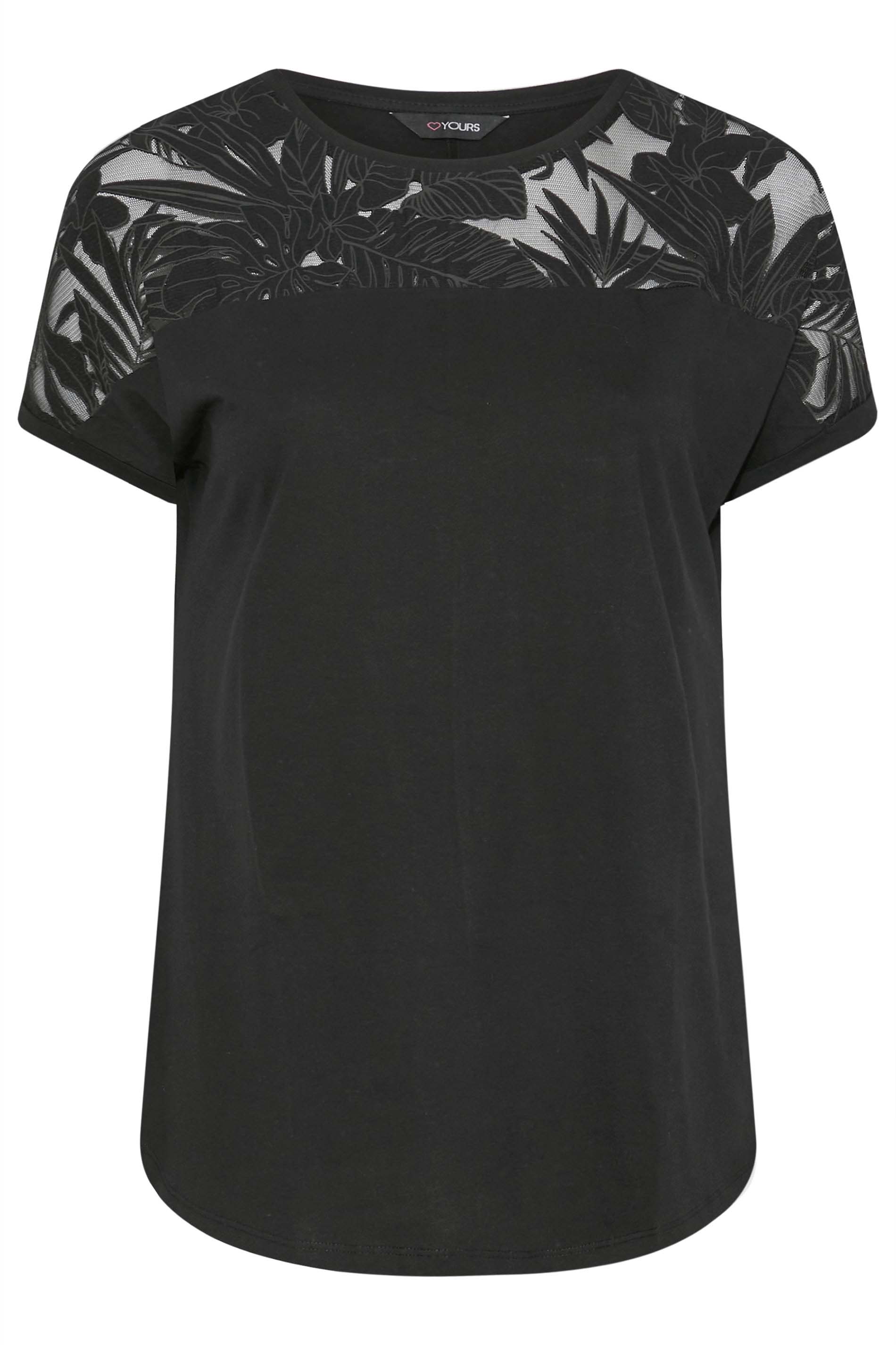Plus Size Black Floral Mesh Panel T-Shirt | Yours Clothing