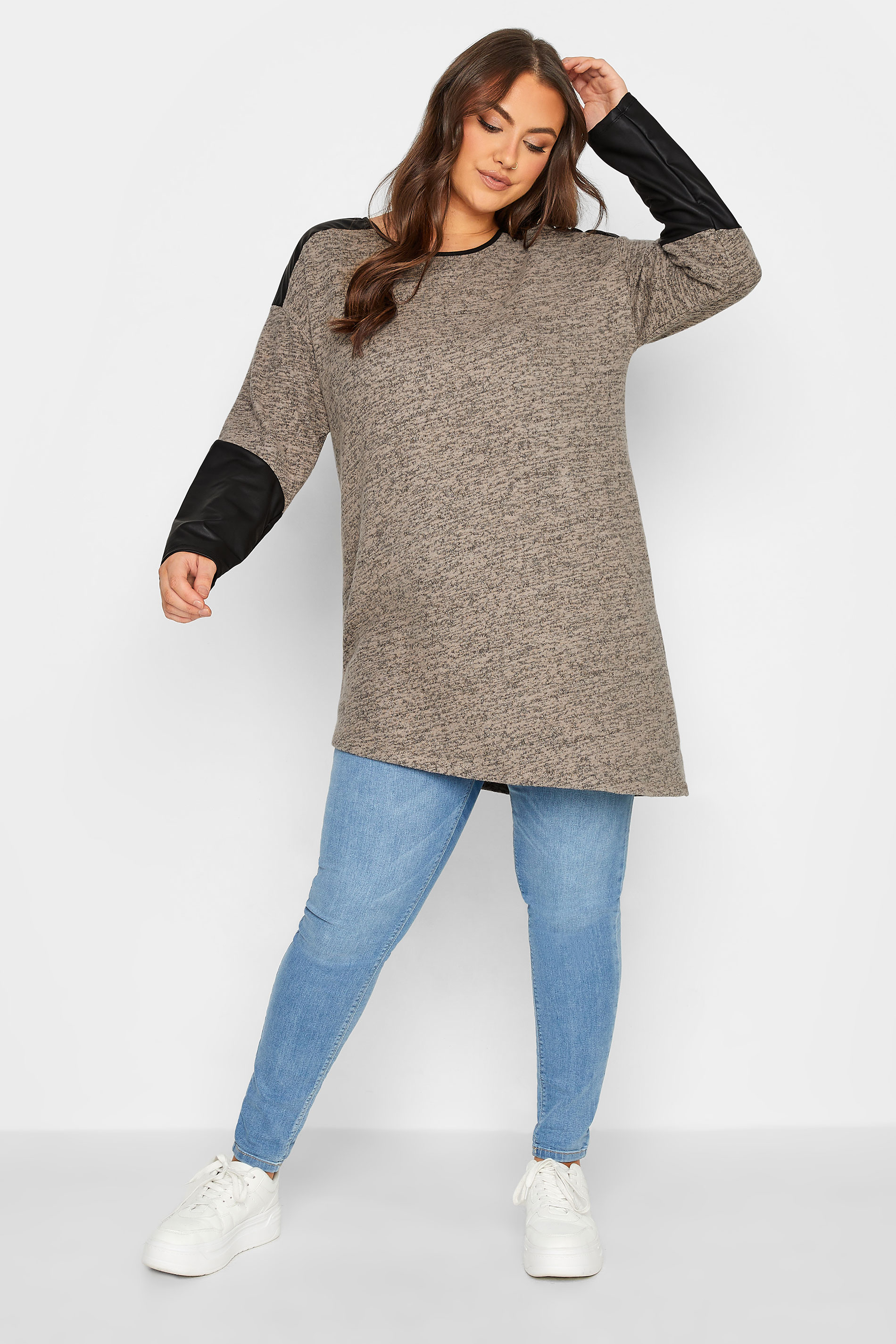 Curve Plus Size Charcoal Grey & Black Soft Touch Faux Leather Top | Yours Clothing 2