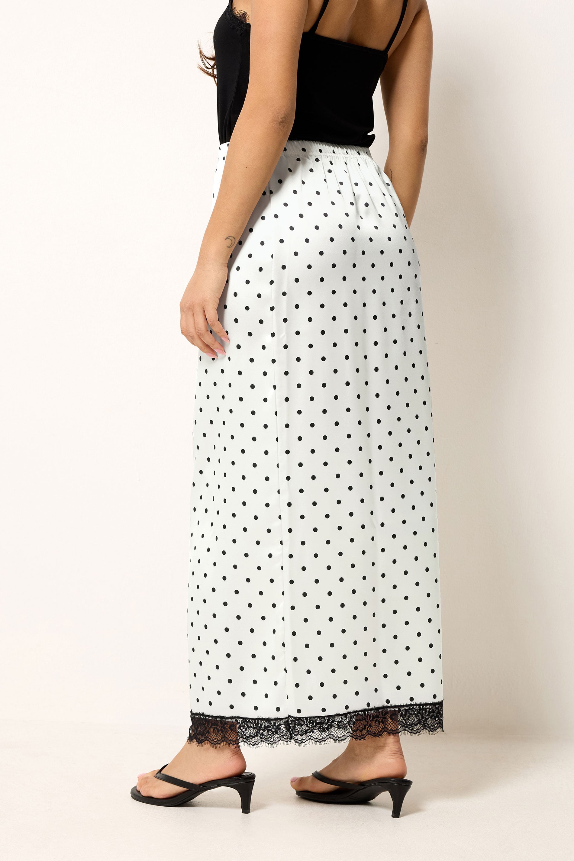 PixieGirl Petite Women's White Polka Dot Satin Maxi Skirt | PixieGirl 4