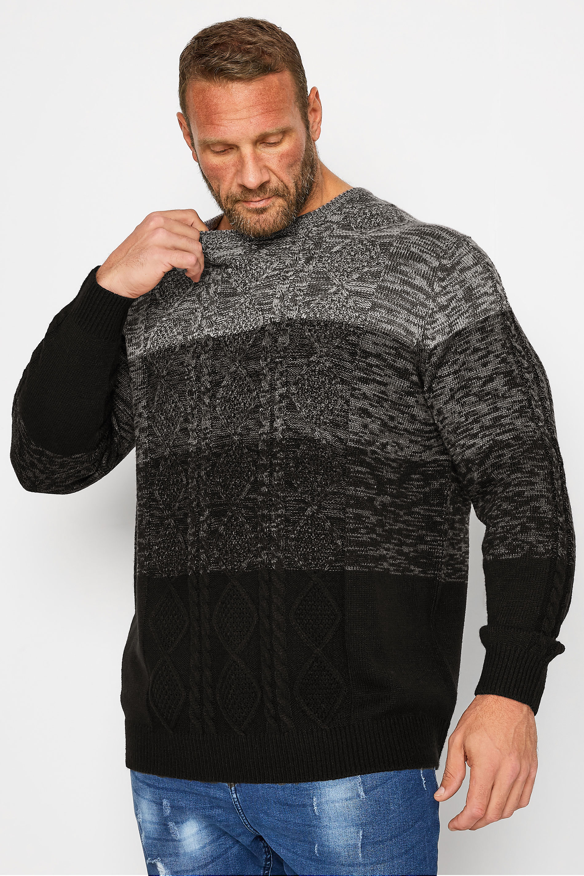 BadRhino Big & Tall Grey Colour Block Cable Knitted Jumper 1