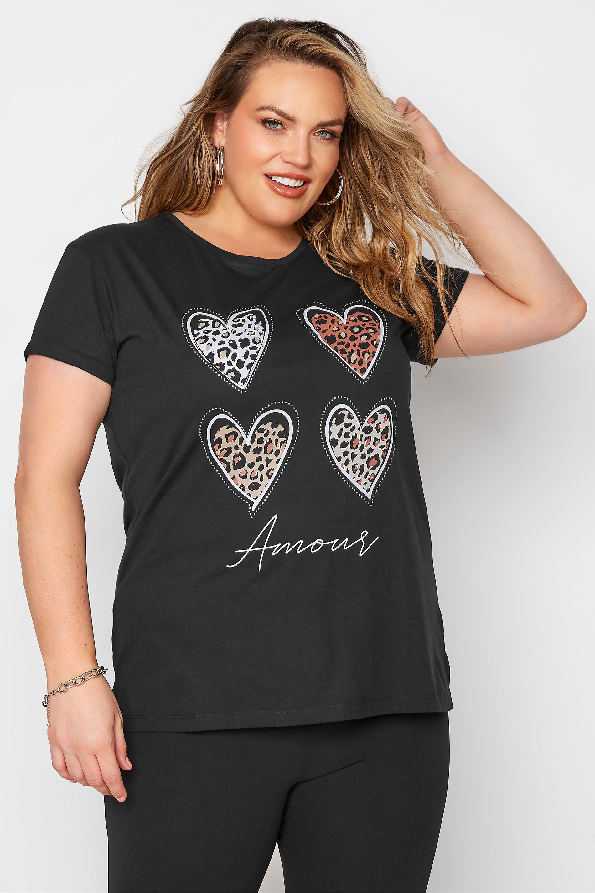 Grande taille  Tops Grande taille  Tops Jersey | T-Shirt Noir Animal & Coeur Slogan 'Amour' - RK57111