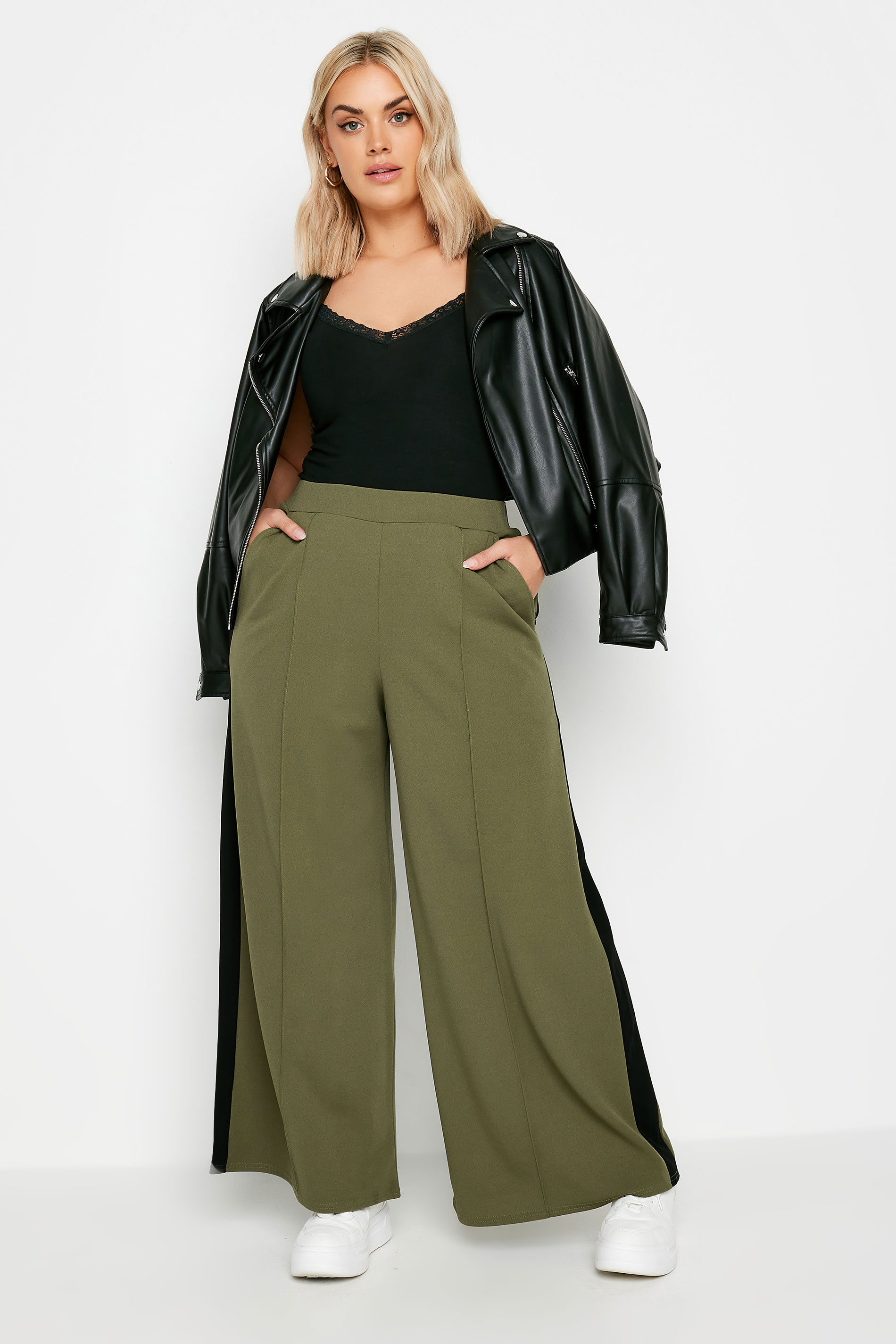 YOURS Plus Size Khaki Green Side Stripe Wide Leg Trousers | Yours Clothing 2