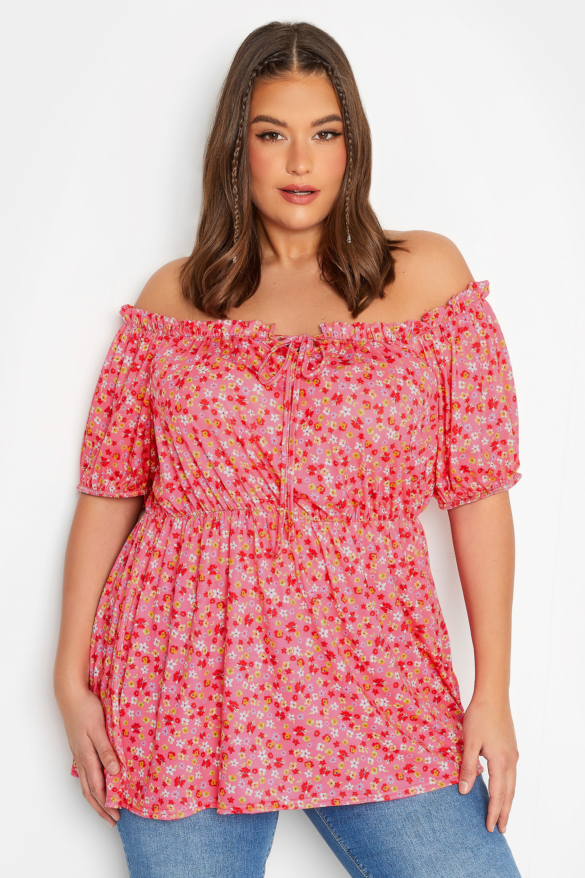 LIMITED COLLECTION Plus Size Pink Floral Ditsy Bardot Top | Yours Clothing  1