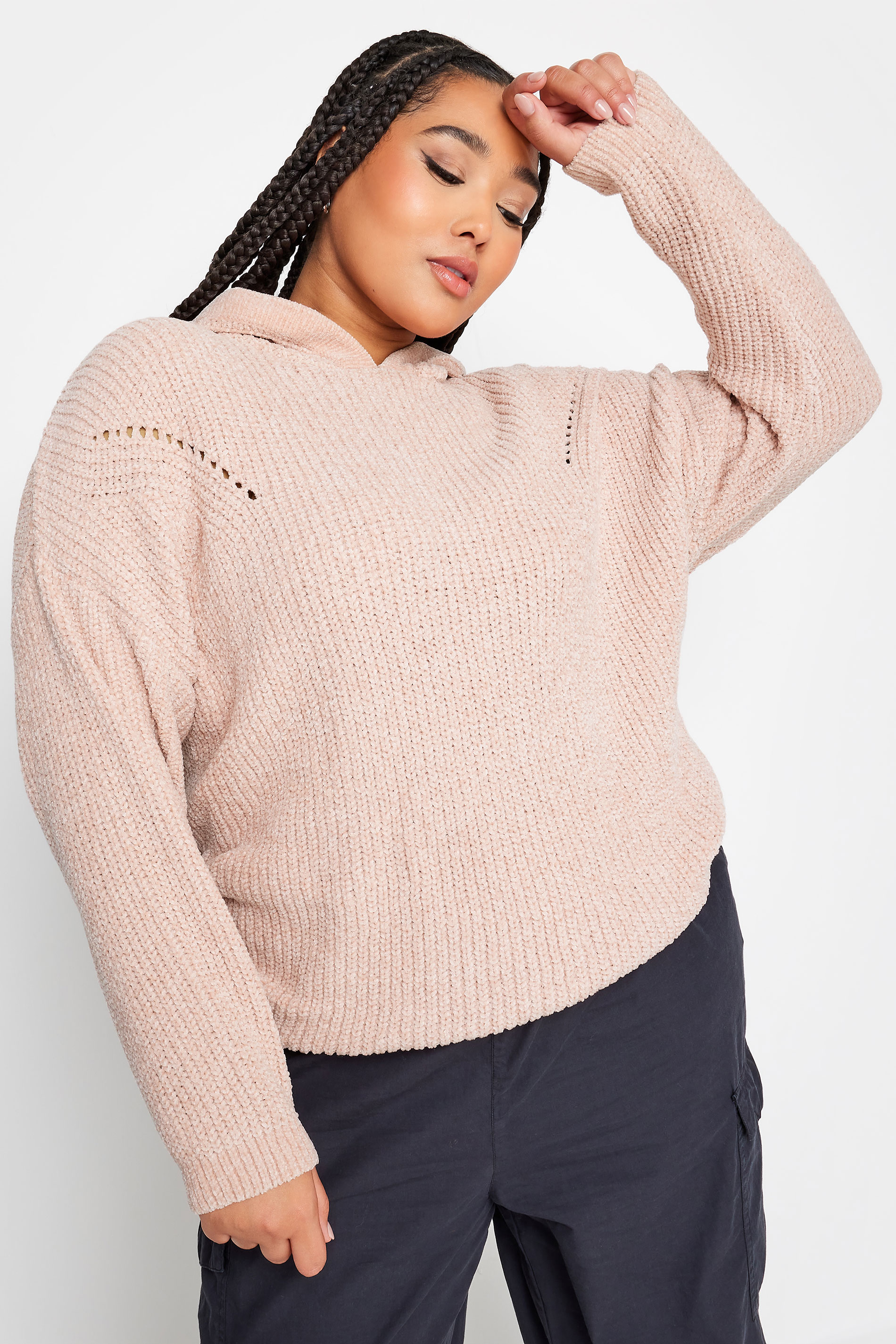 YOURS Plus Size Light Pink Chenille Knitted Hoodie | Yours Clothing 2