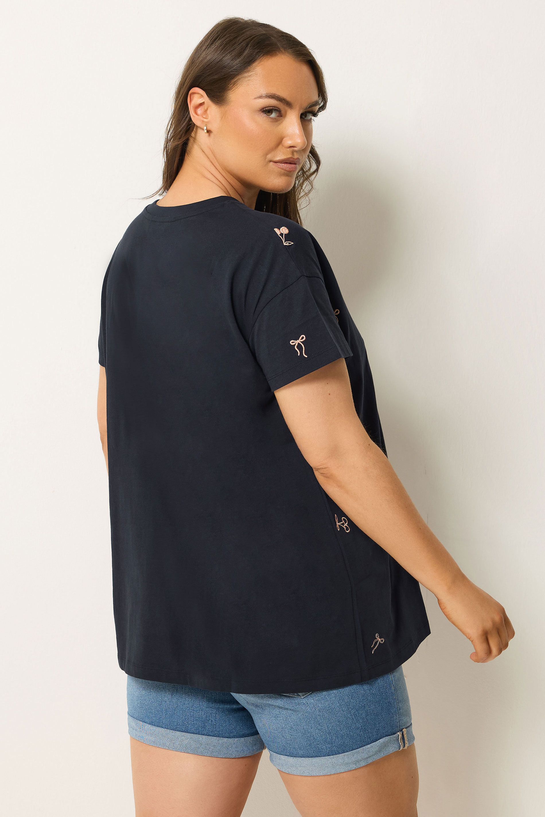 YOURS Plus Size Navy Blue Embroidered Cherry Bow T-Shirt | Yours Clothing 2