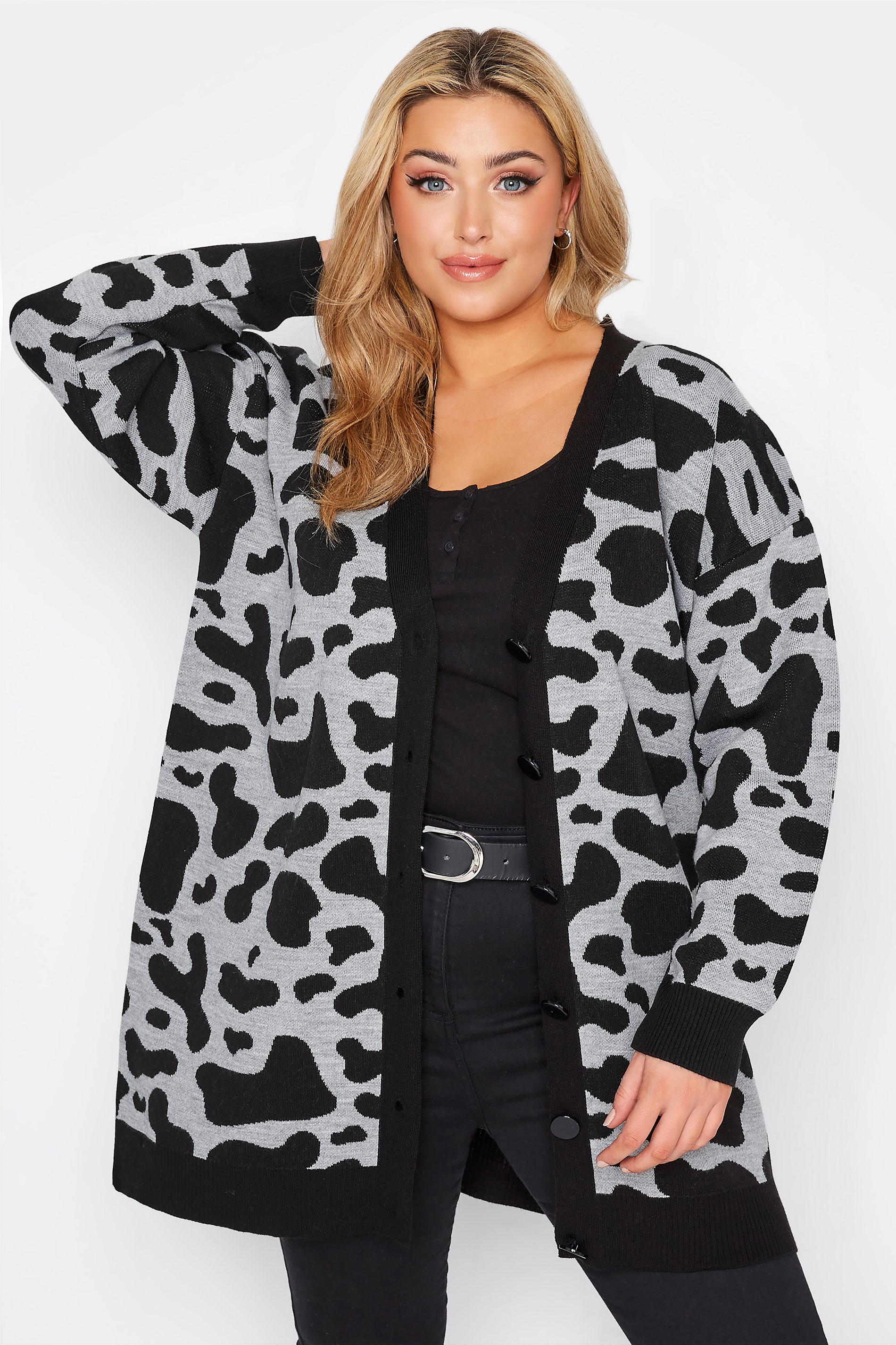 Plus Size Curve Black & Grey Cow Print Knitted Cardigan | Yours Clothing 1