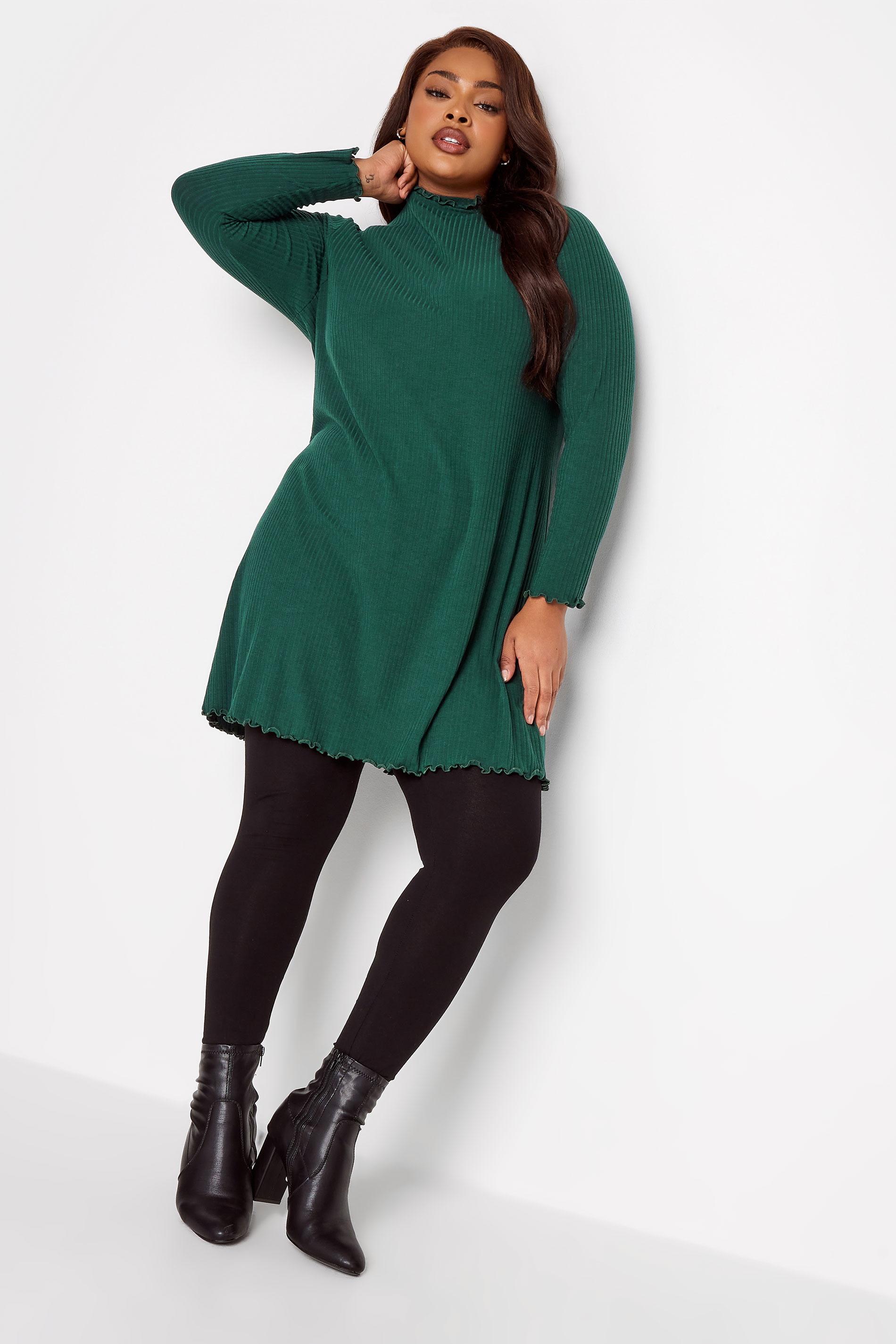 YOURS Plus Size Forest Green Ribbed Lettuce Hem Tunic Dress | Yours Clothing 2