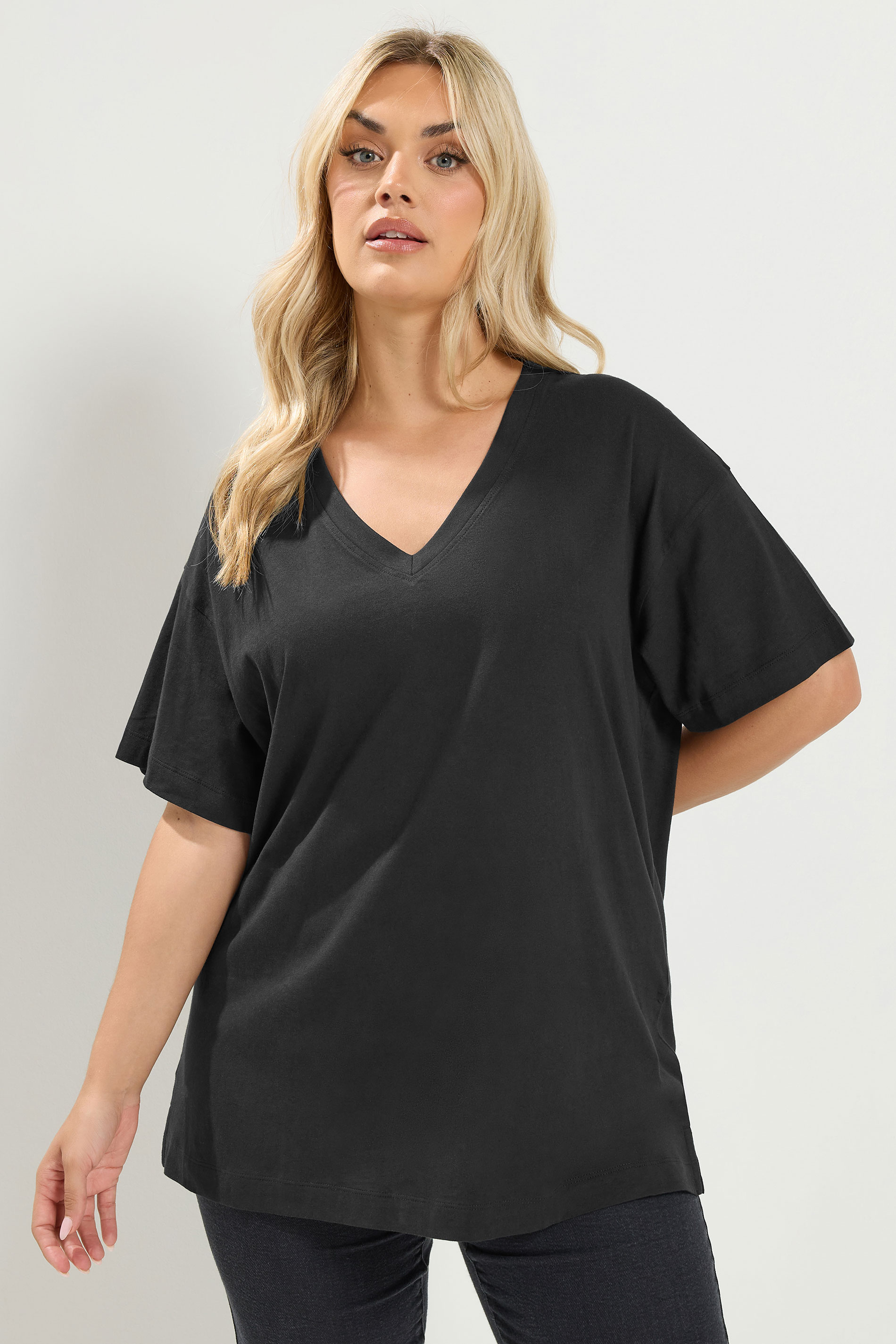 YOURS Plus Size Black V-neckline Longline T-Shirt | Yours Clothing 3