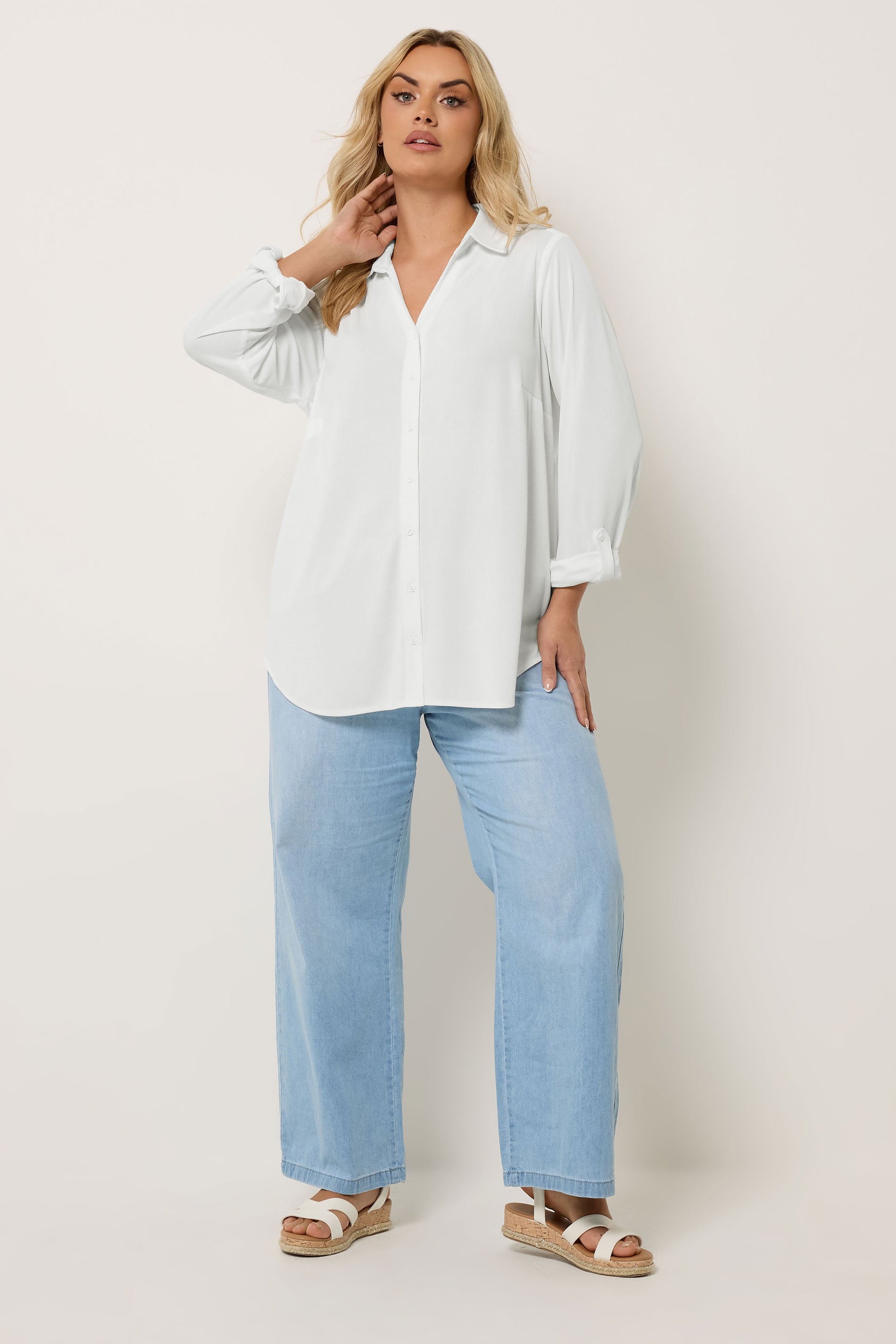 YOURS Plus Size Ivory White Ribbed Shirt | Yours Clothing 1