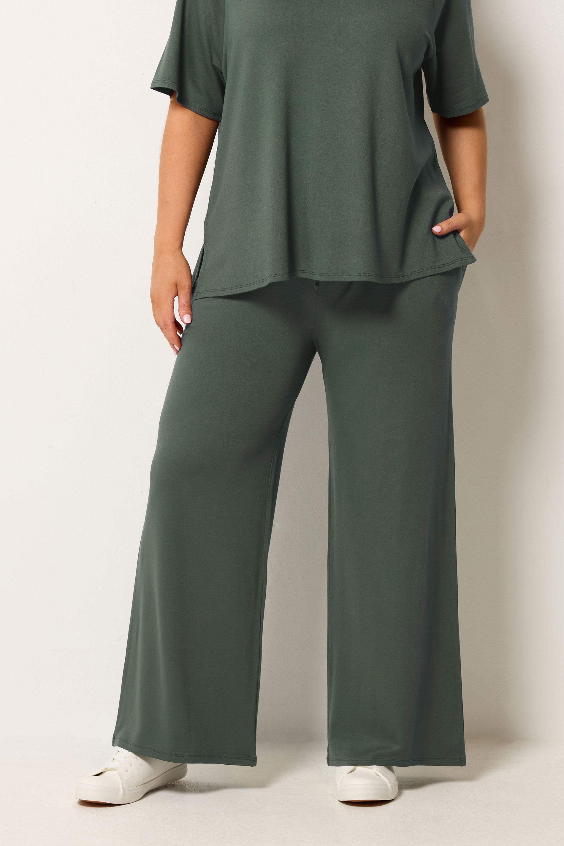YOURS Plus Size Sage Green Soft Touch Wide Leg Joggers | Yours Clothing 1