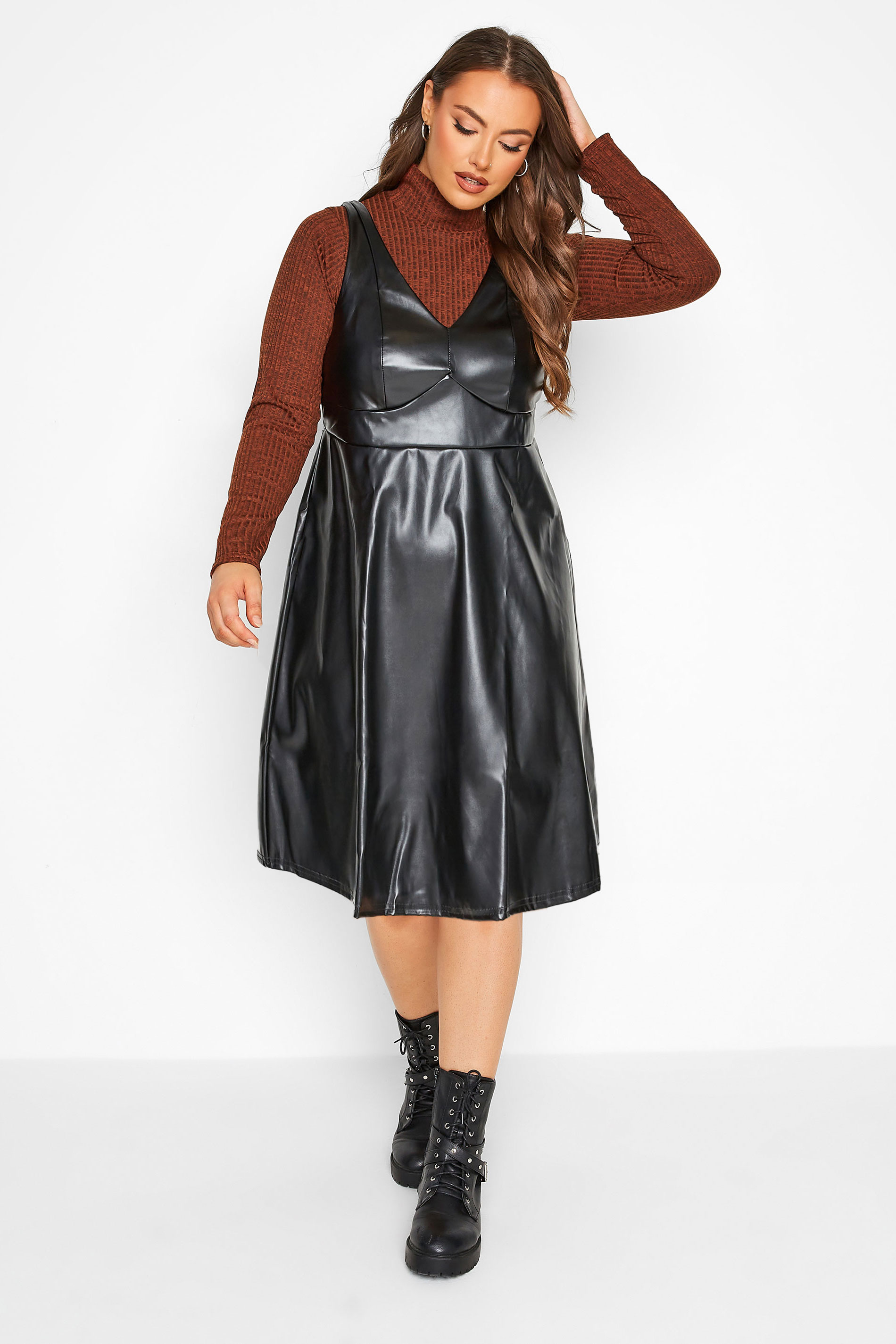 LIMITED COLLECTION Curve Black Leather Look Pinafore Dress 1