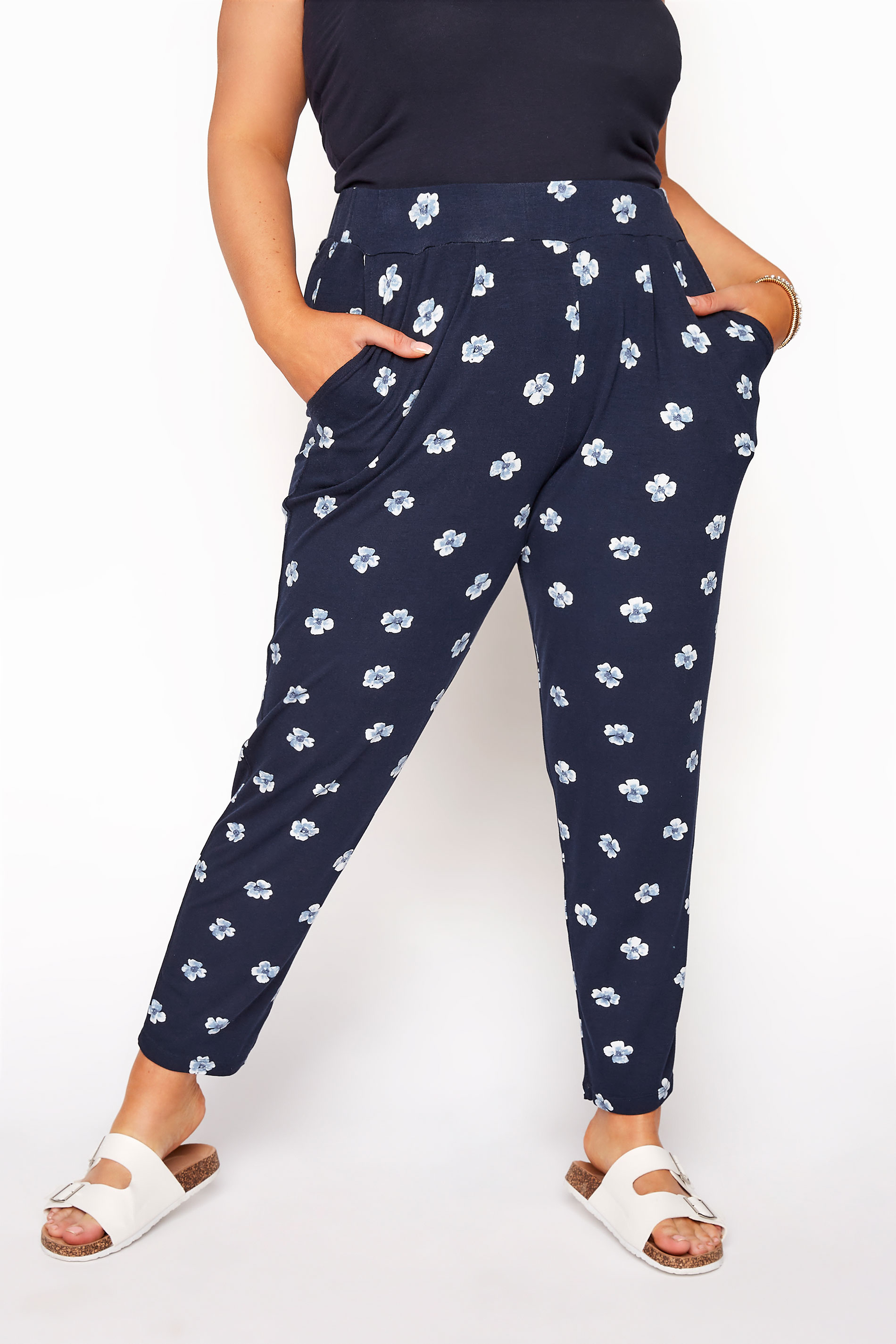 Navy Floral Pleated Harem Trousers | Yours Clothing