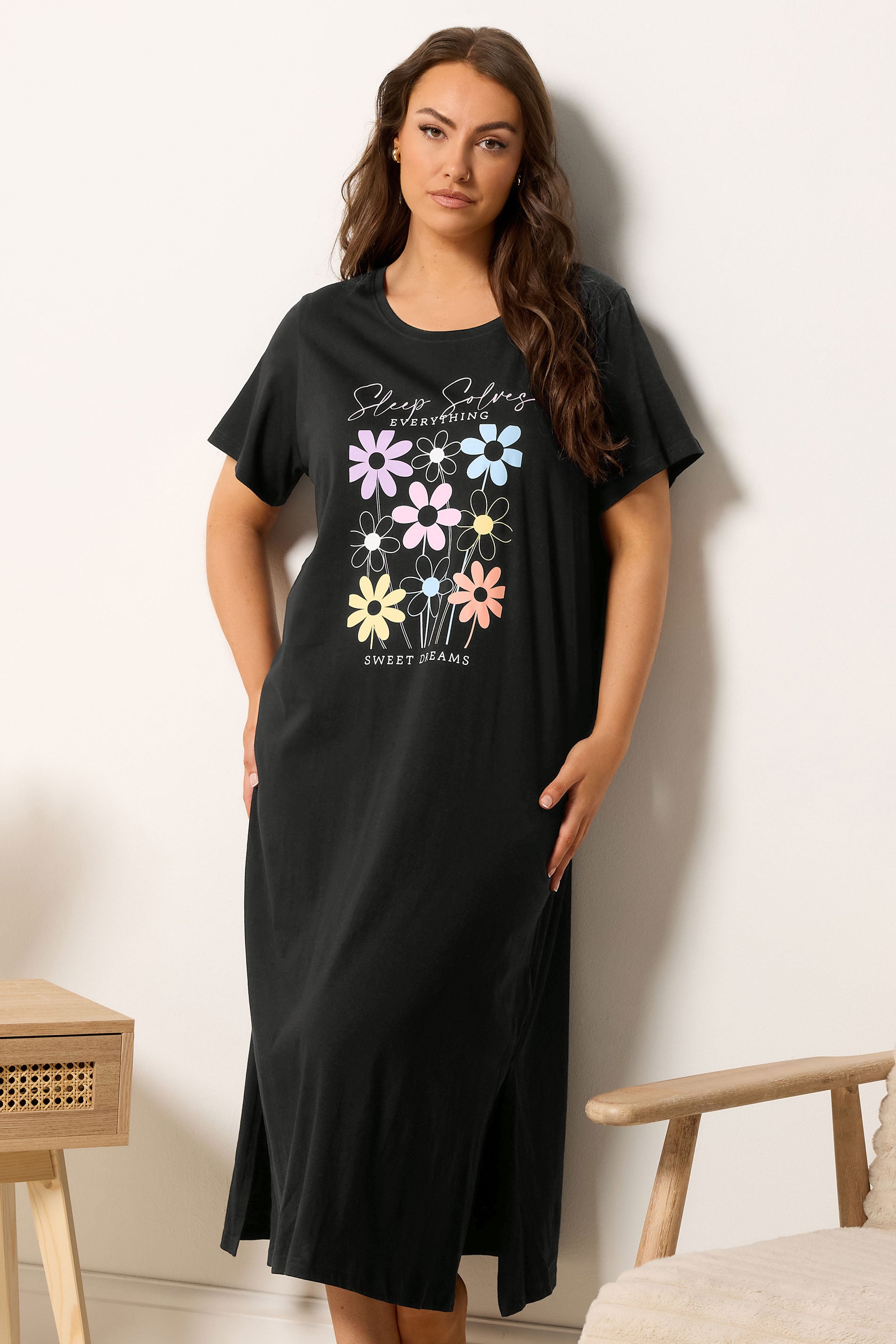 YOURS Plus Size 2 PACK Black 'Sleep Solves Everything'  Floral Midaxi Nightdresses | Yours Clothing 2