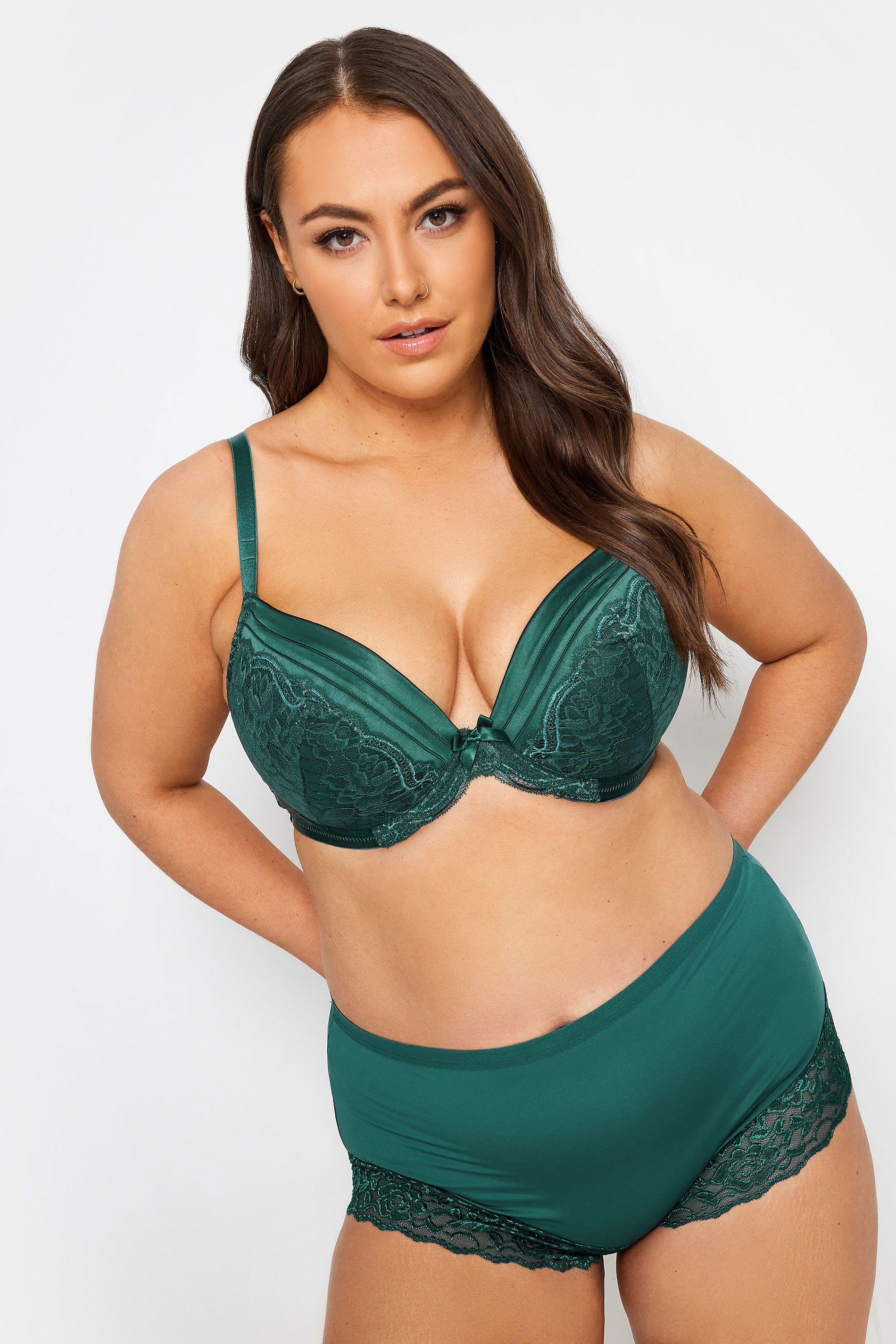 YOURS Plus Size Green Lace Detail Satin Padded Plunge Bra | Yours Clothing 2