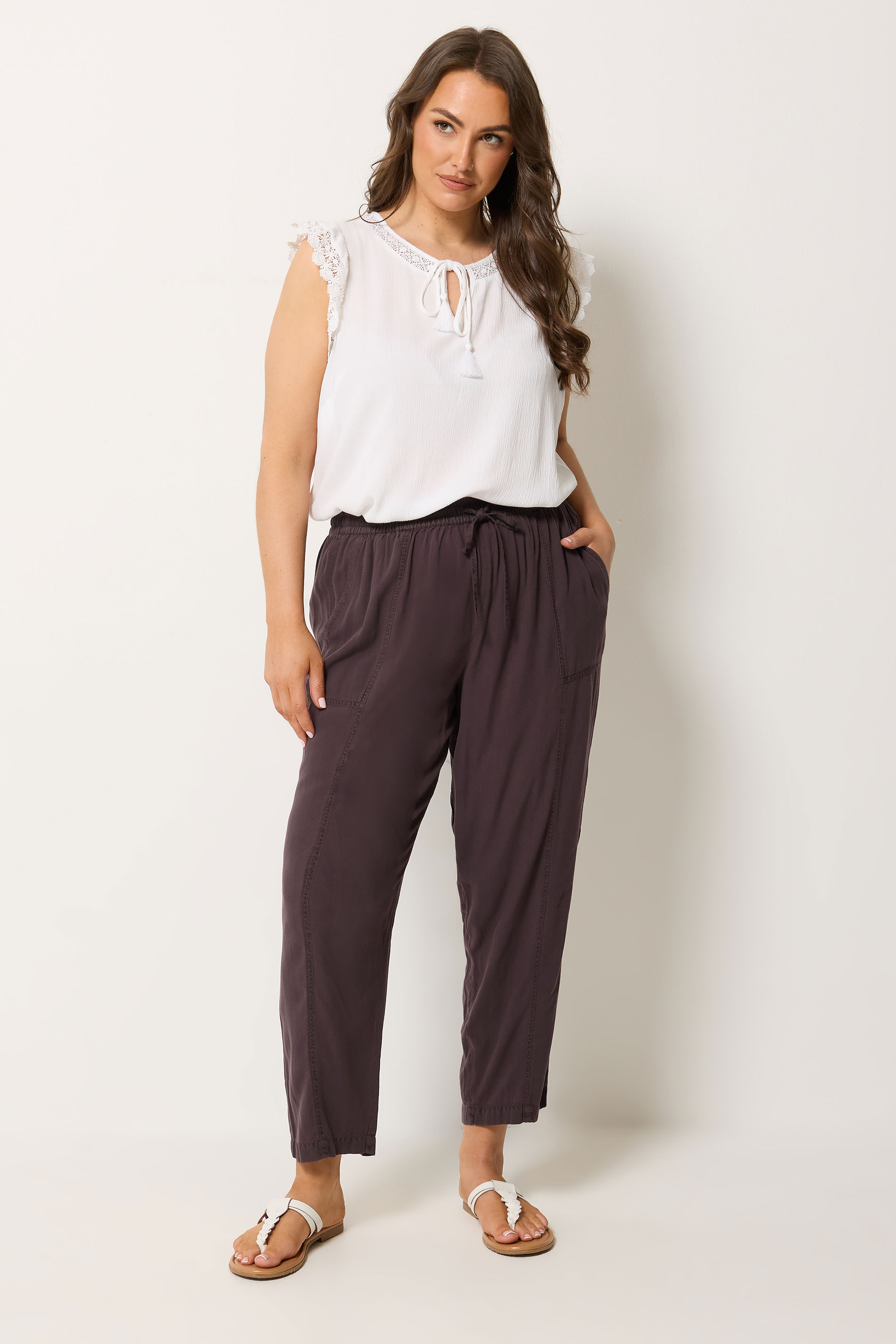 YOURS Plus Size Purple Chambray Barrel Trousers | Yours Clothing 1