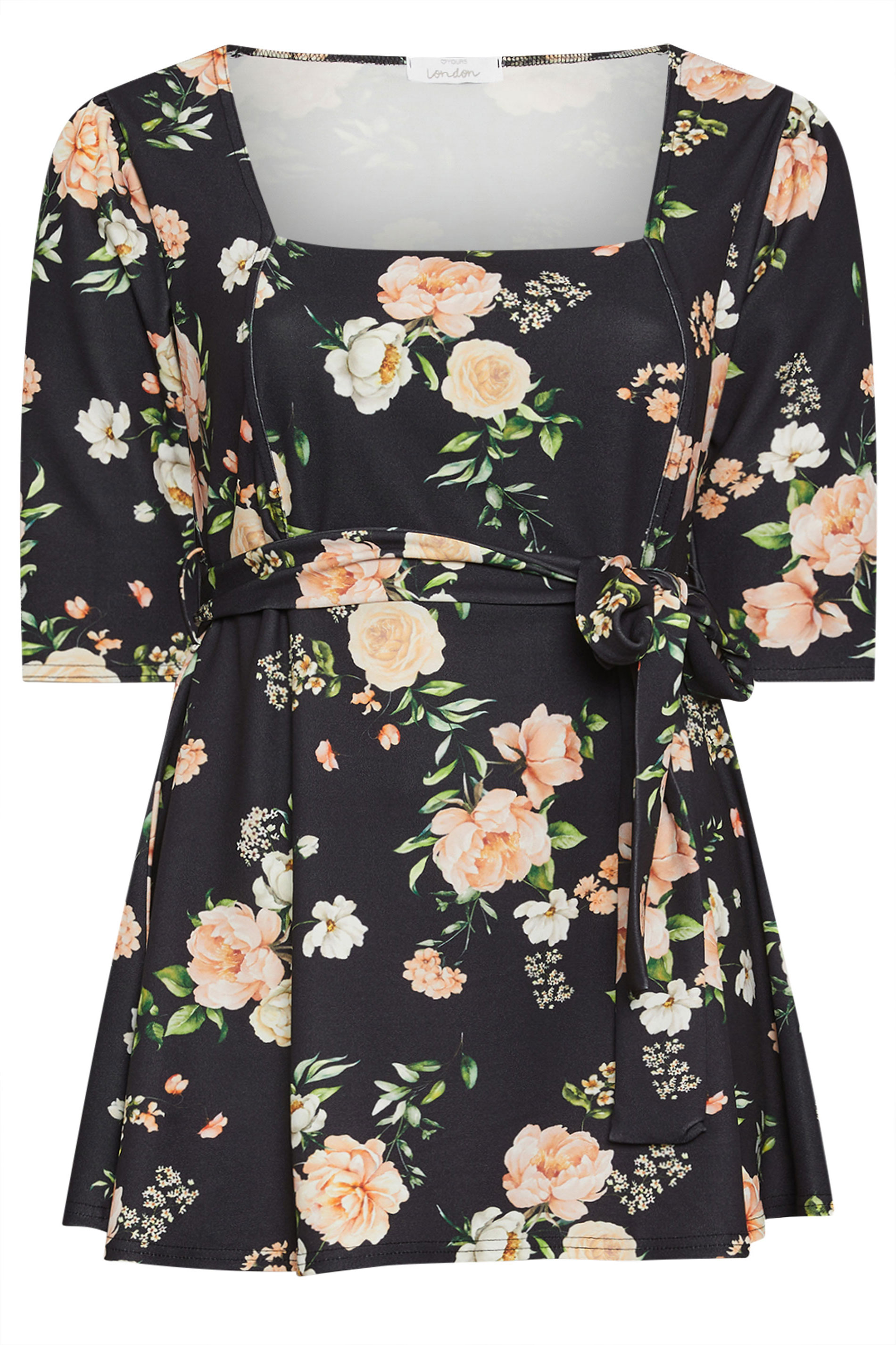 YOURS LONDON Plus Size Black Floral Print Square Neck Top | Yours Clothing 2