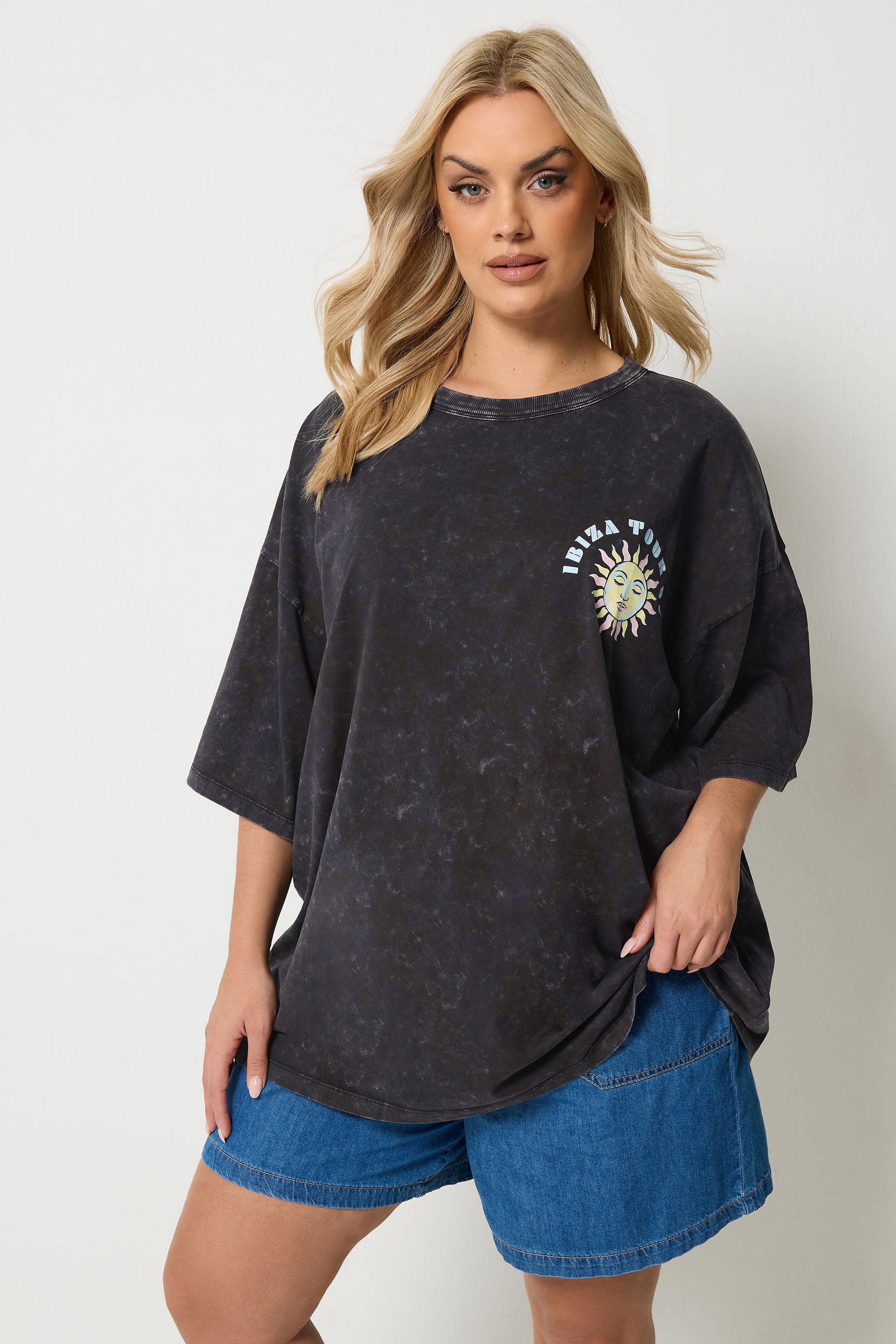 YOURS Plus Size Grey Acid Wash 'Solar Dreams' T-Shirt | Yours Clothing 2
