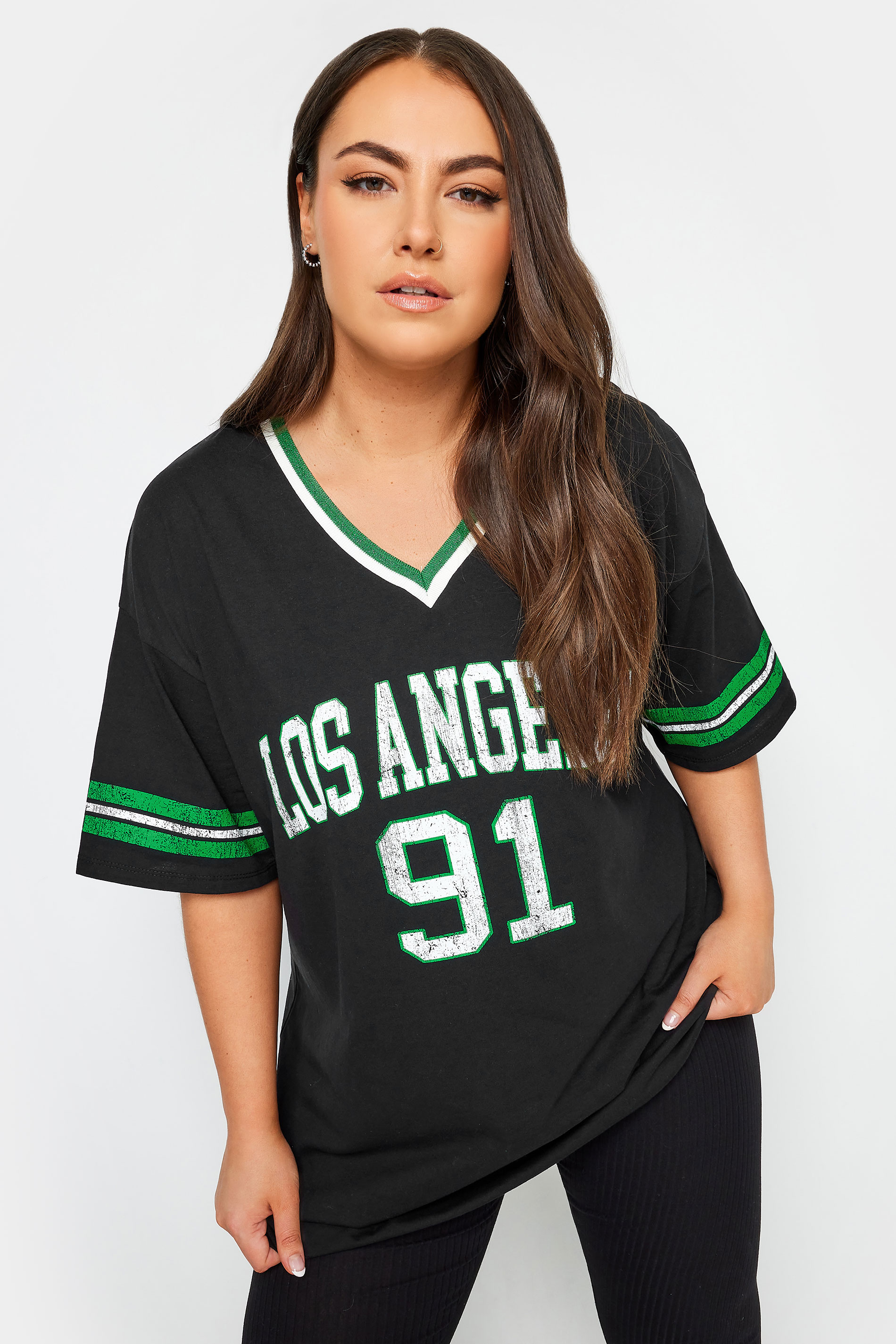 YOURS Plus Size Black 'Los Angeles' Slogan Varsity T-Shirt | Yours Clothing 1