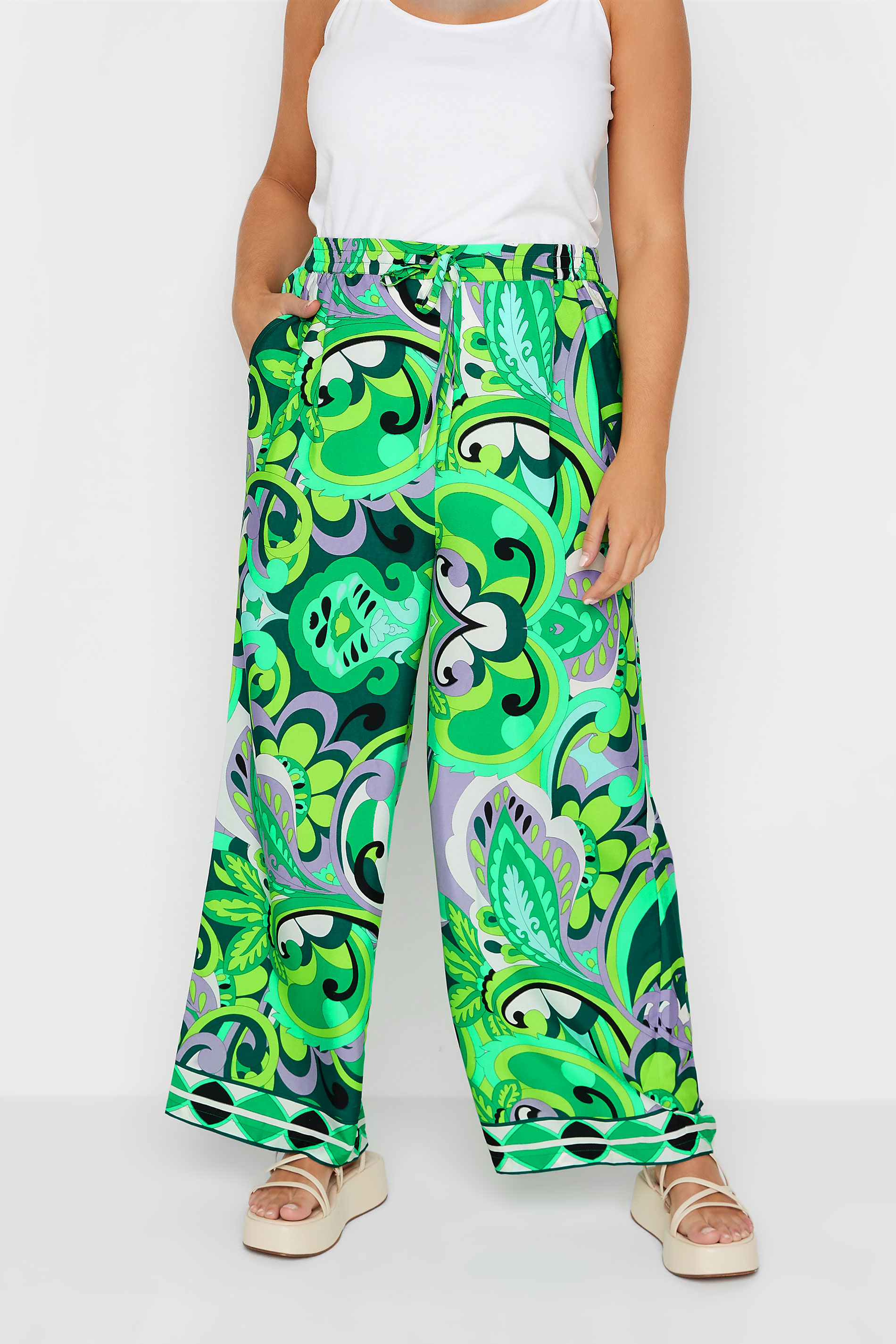 LIMITED COLLECTION Curve Plus Size Green Abstract Print Wide Leg Trousers | Yours Clothing  1