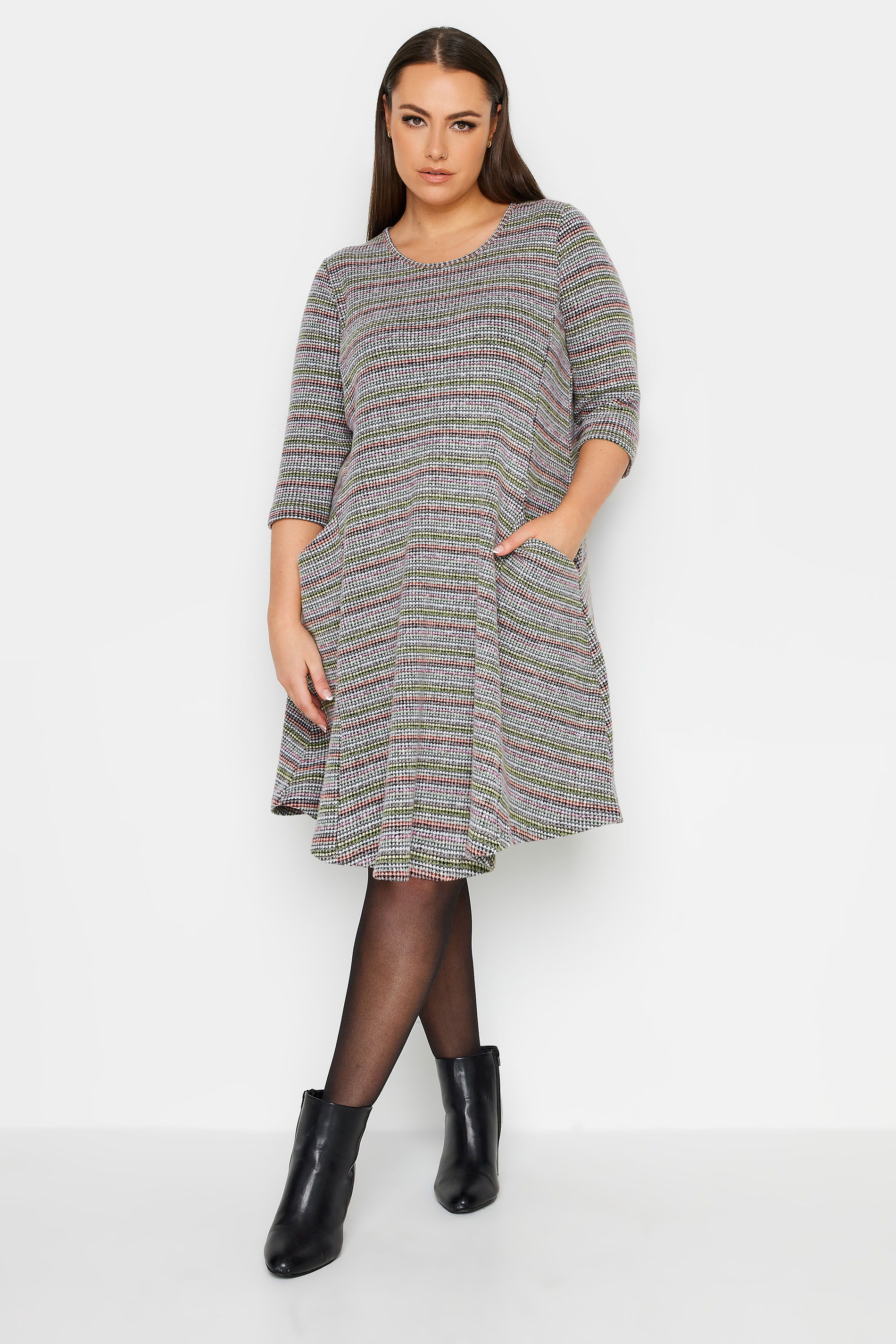 YOURS Plus Size Grey Stripe Soft Touch Pocket Dress | Yours Clothing 1