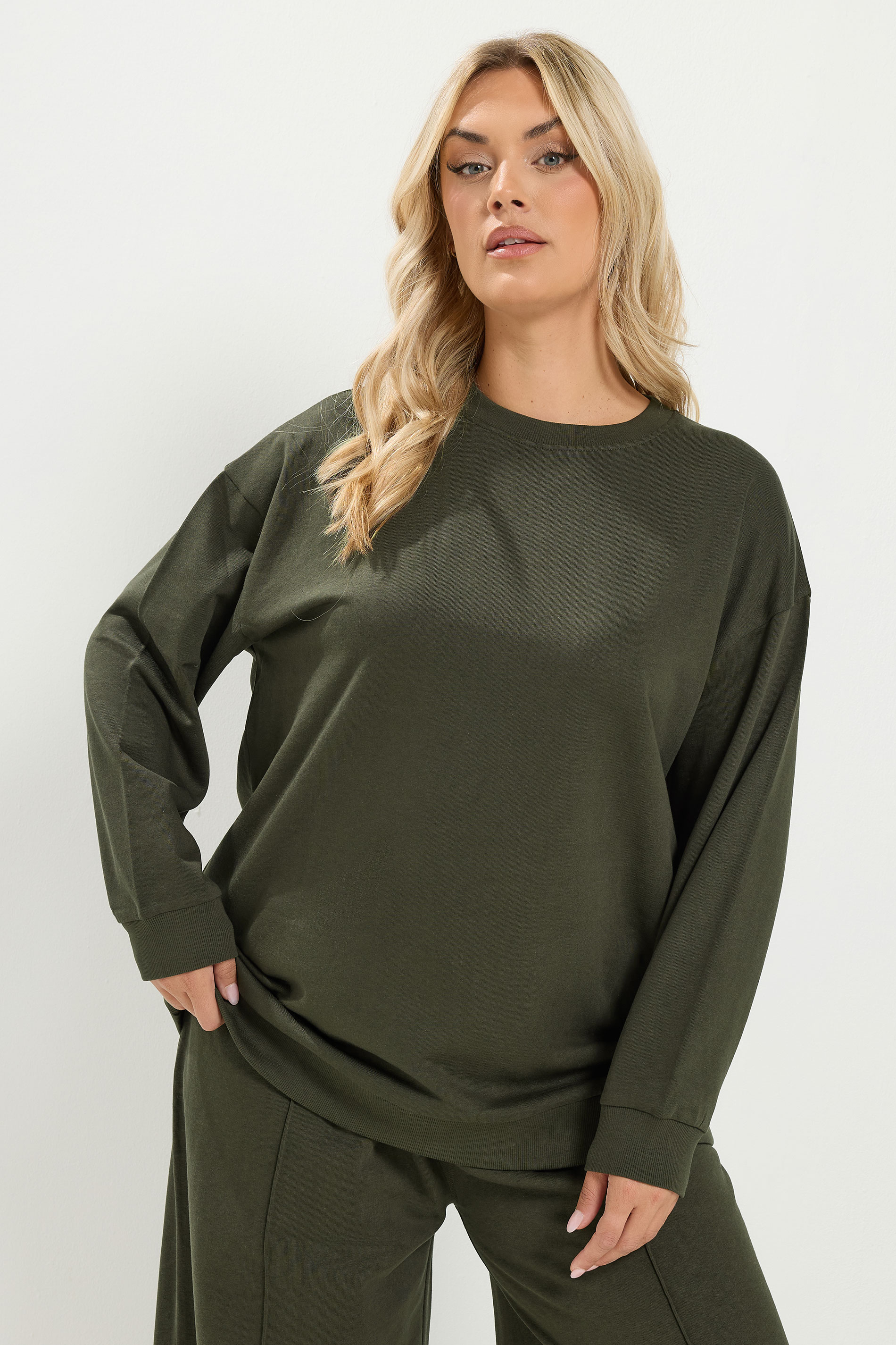 YOURS Plus Size Khaki Green Crew Neck Sweatshirt | Yours Clothing 3